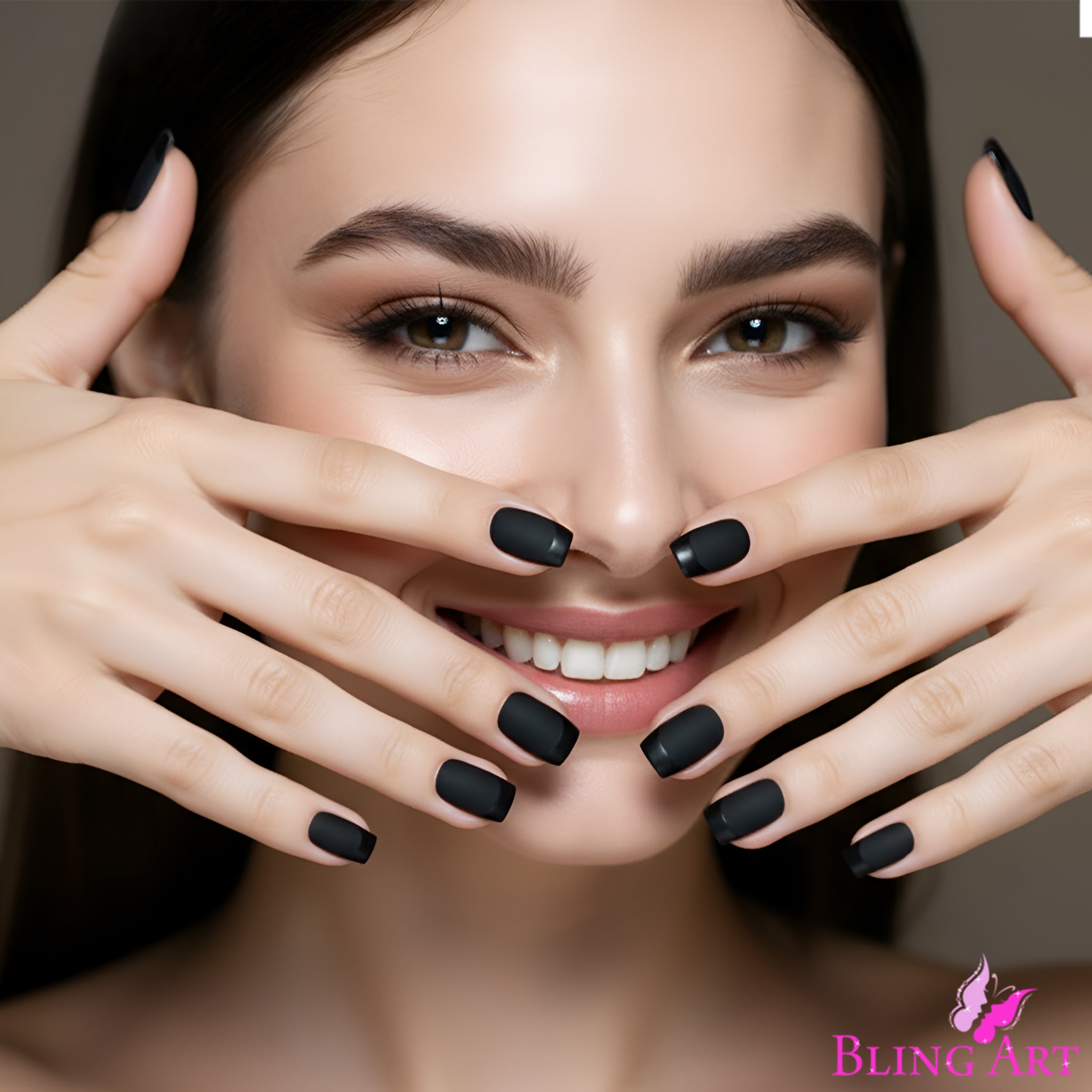 False Nails by Bling Art Black Matte French Manicure Fake Medium Tips with Glue