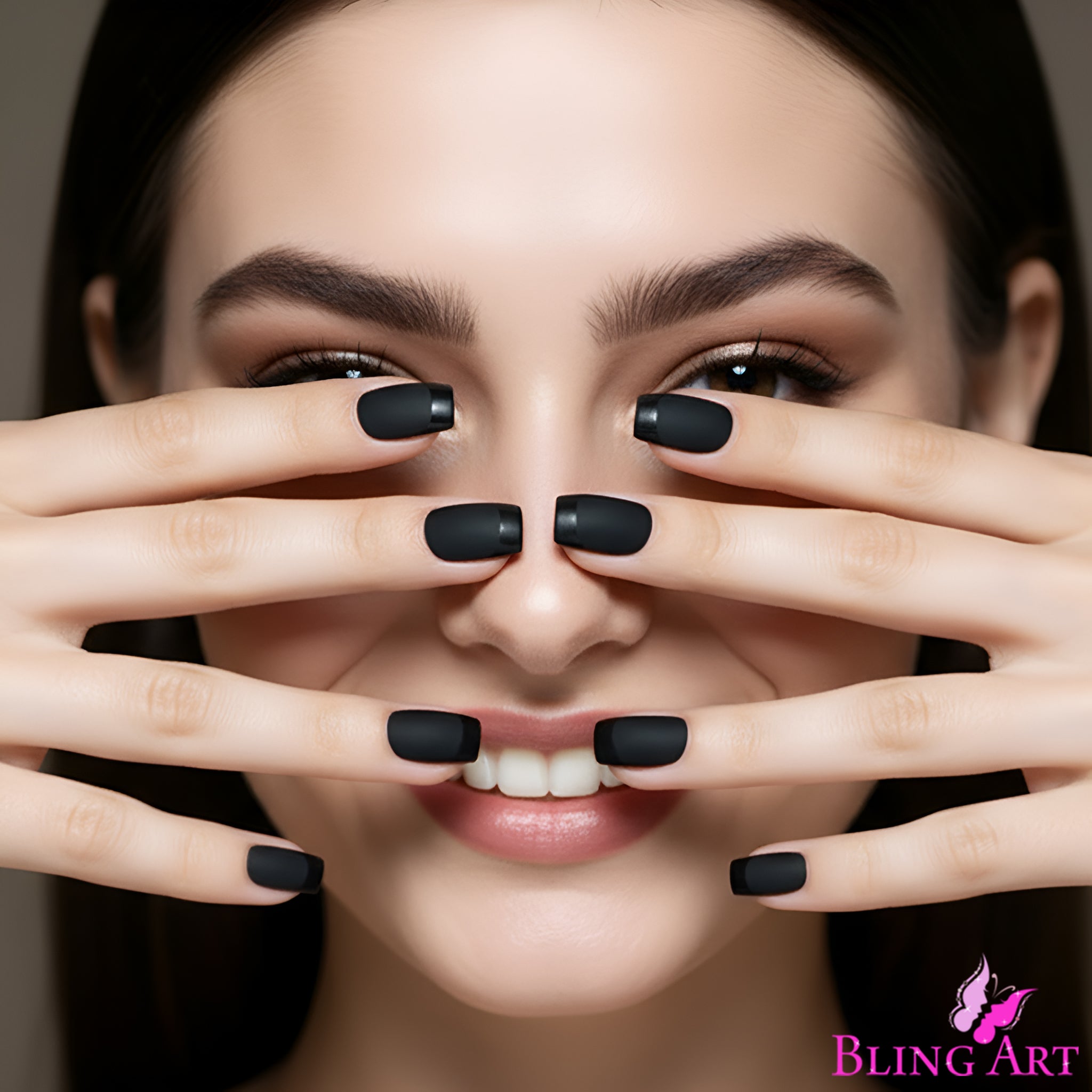 False Nails by Bling Art Black Matte French Manicure Fake Medium Tips with Glue