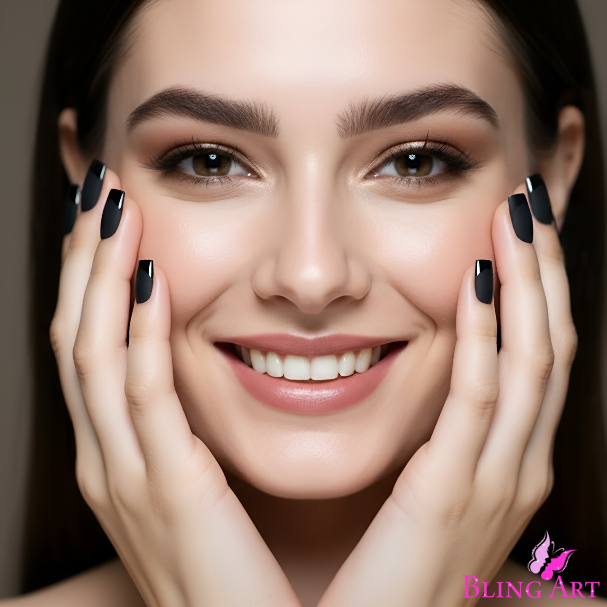 False Nails by Bling Art Black Matte French Manicure Fake Medium Tips with Glue