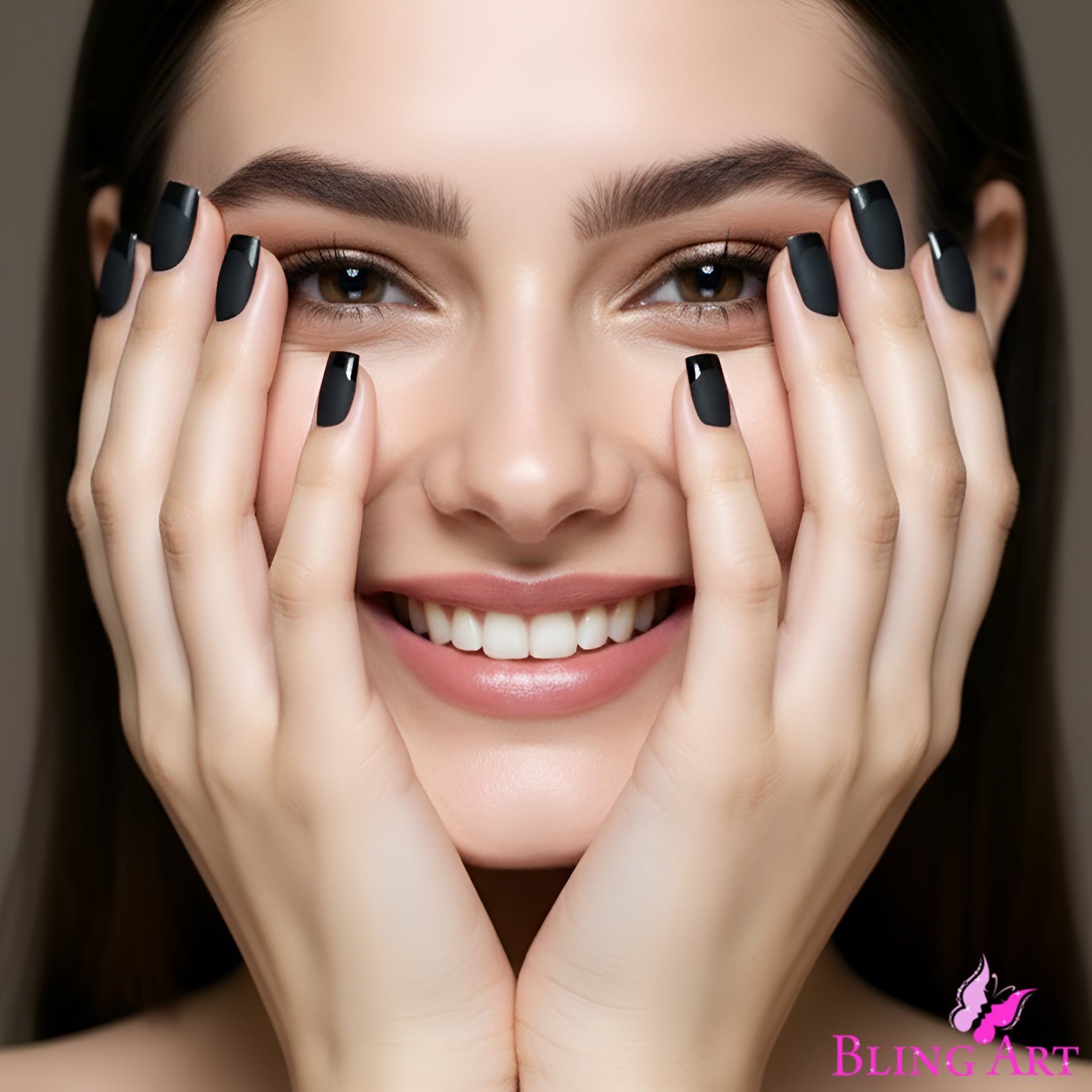 False Nails by Bling Art Black Matte French Manicure Fake Medium Tips with Glue