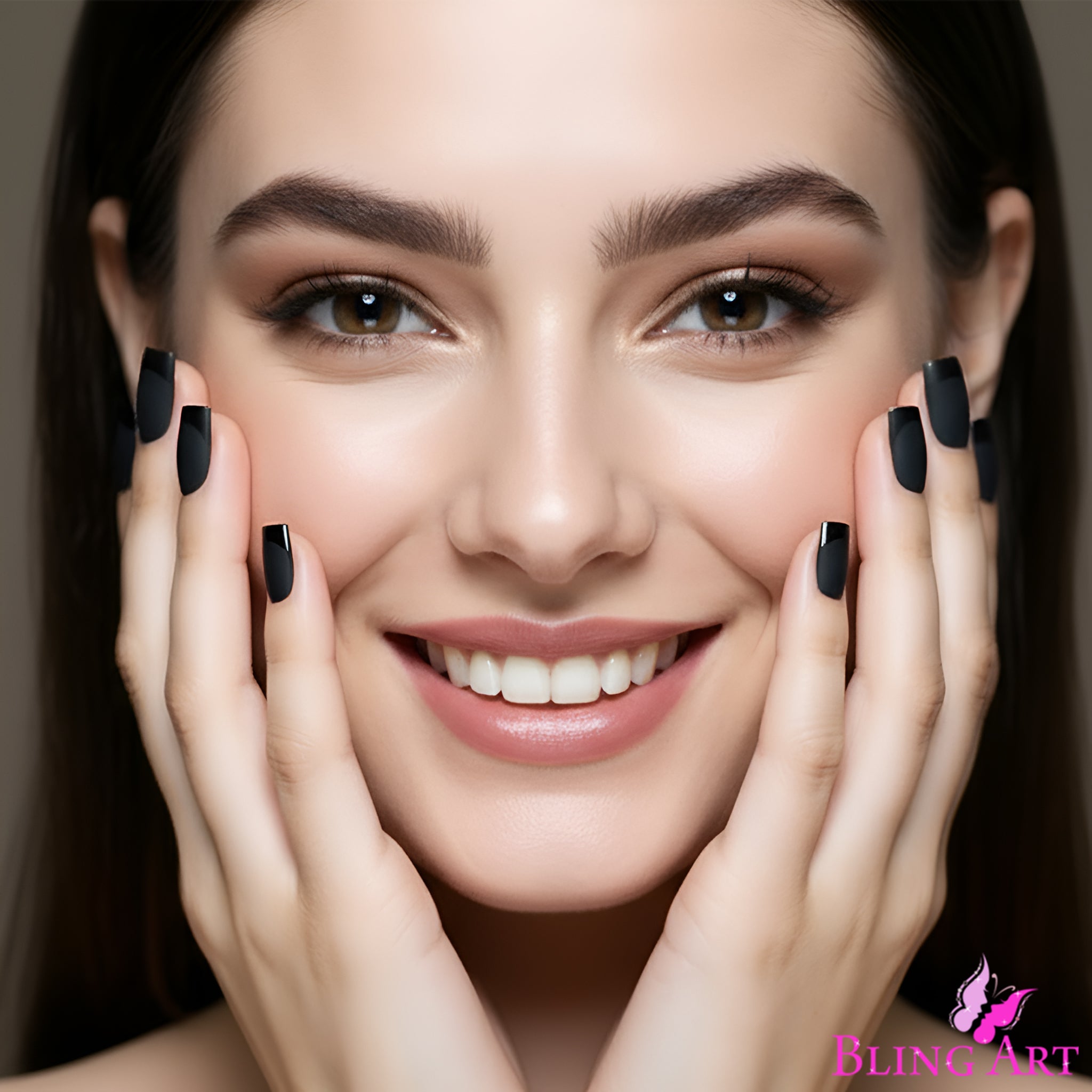 False Nails by Bling Art Black Matte French Manicure Fake Medium Tips with Glue