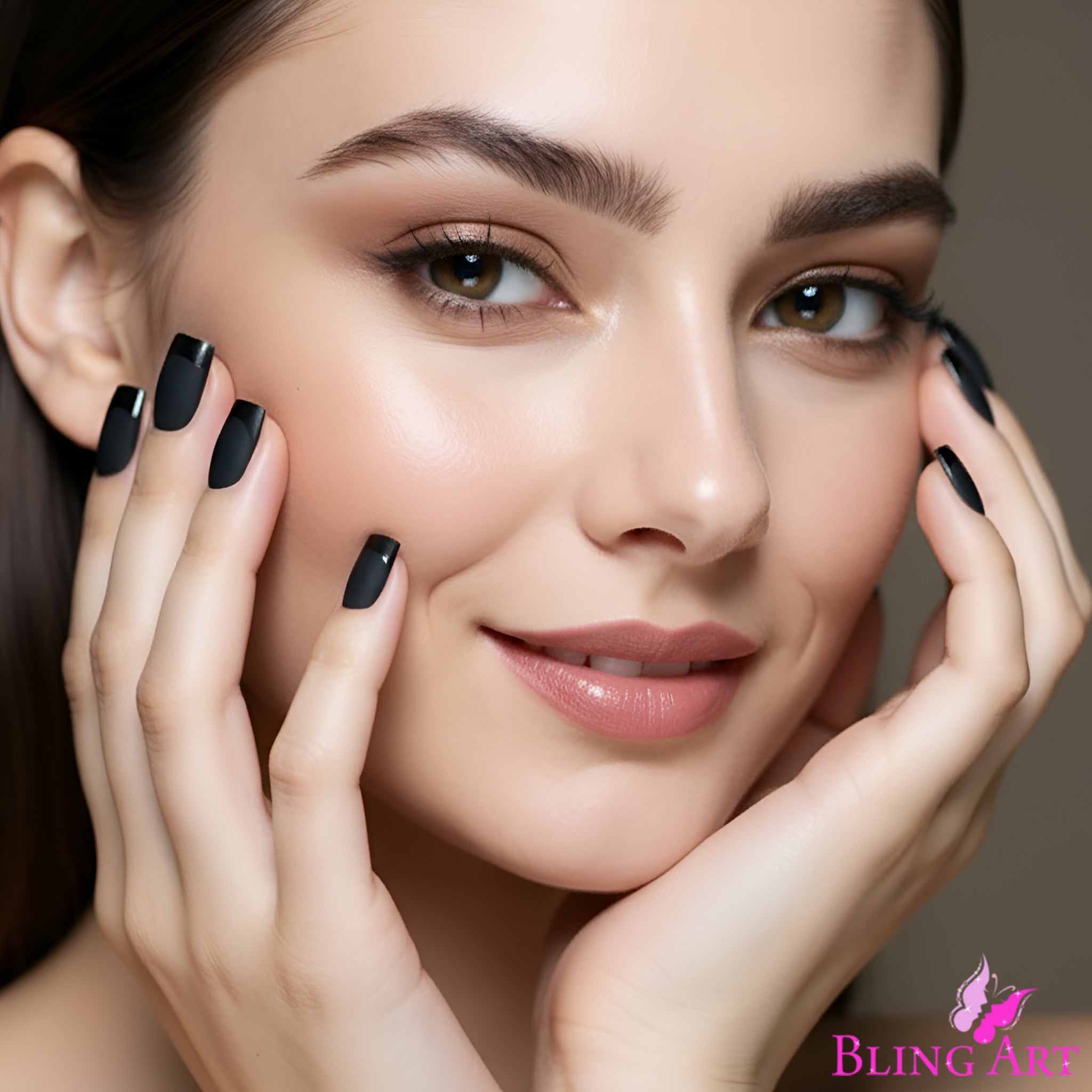 False Nails by Bling Art Black Matte French Manicure Fake Medium Tips with Glue