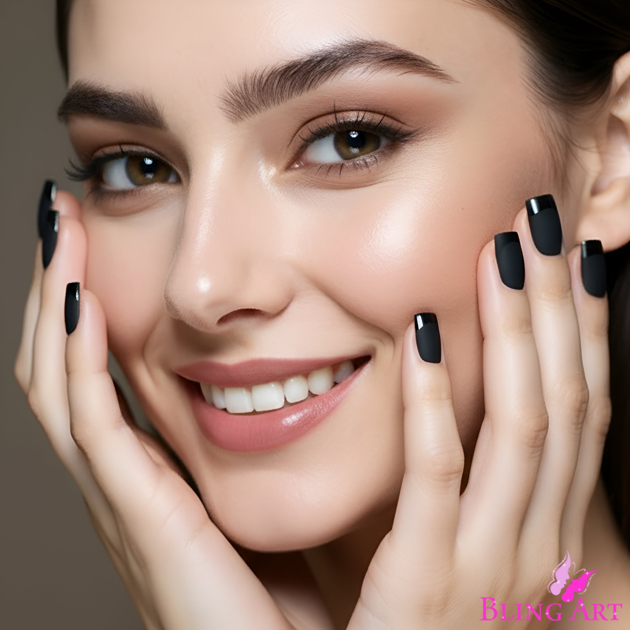 False Nails by Bling Art Black Matte French Manicure Fake Medium Tips with Glue