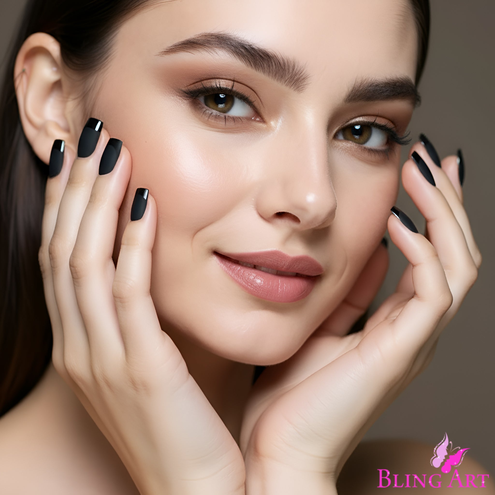 False Nails by Bling Art Black Matte French Manicure Fake Medium Tips with Glue