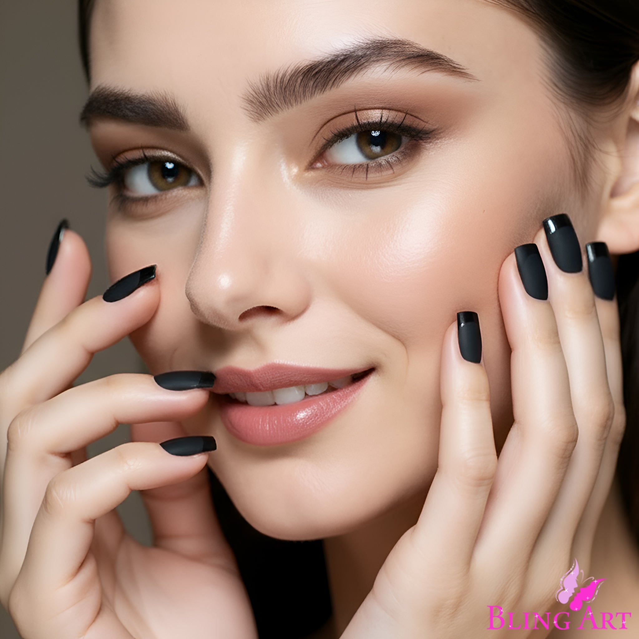 False Nails by Bling Art Black Matte French Manicure Fake Medium Tips with Glue