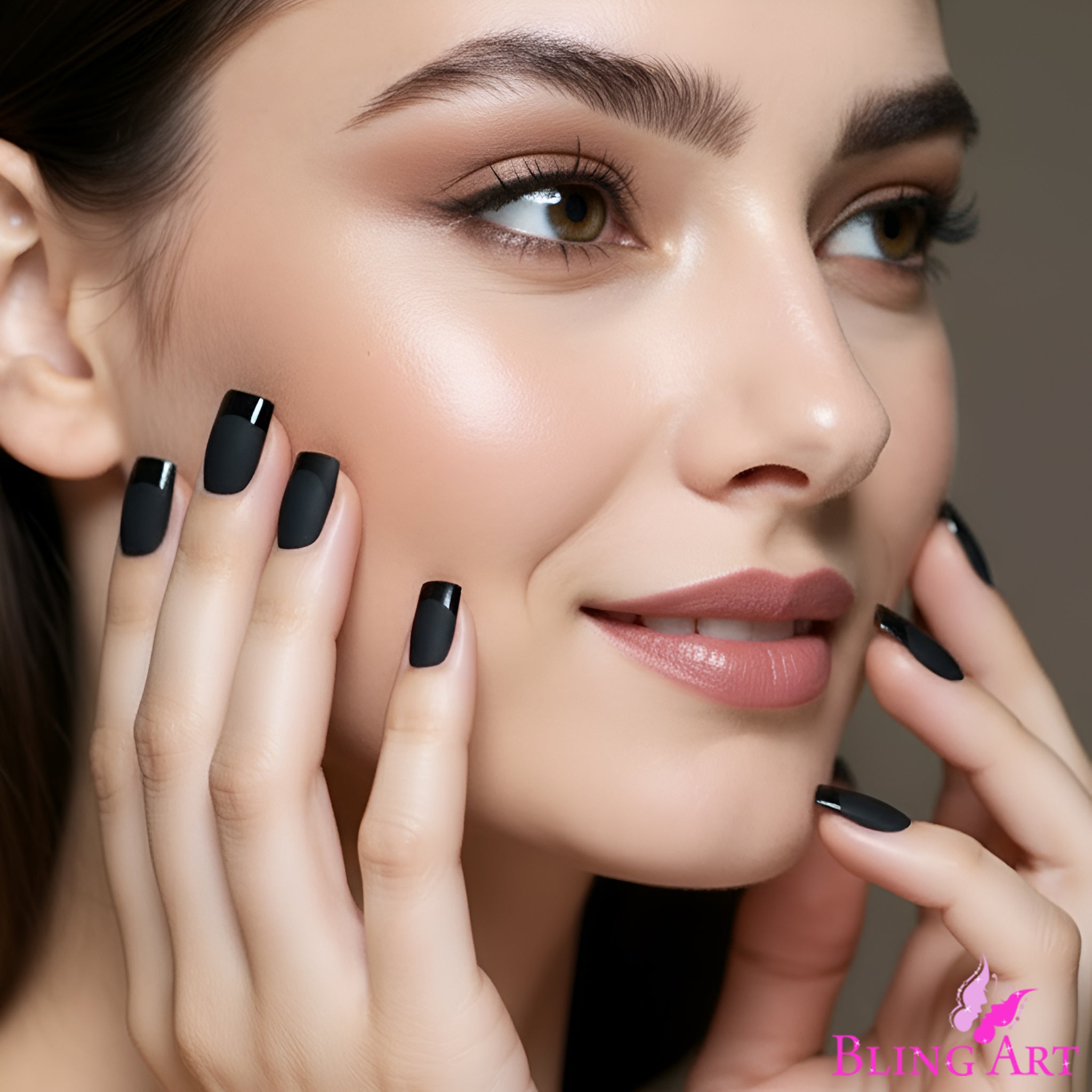 False Nails by Bling Art Black Matte French Manicure Fake Medium Tips with Glue