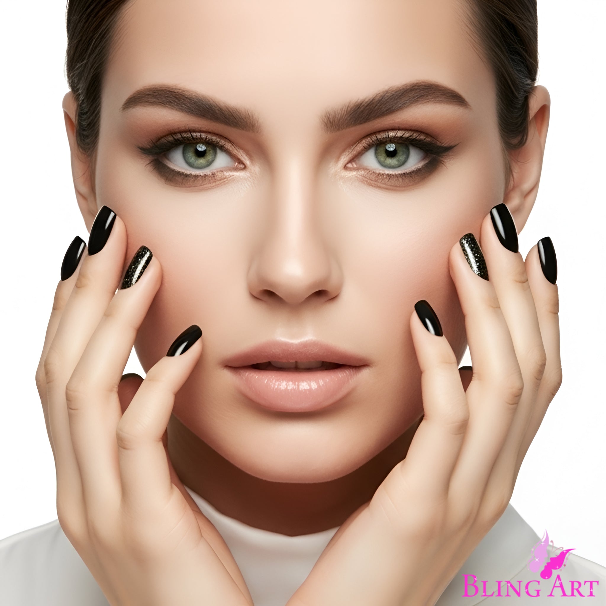 False Nails by Bling Art Brown Glitter French Squoval Fake Medium Acrylic Tips