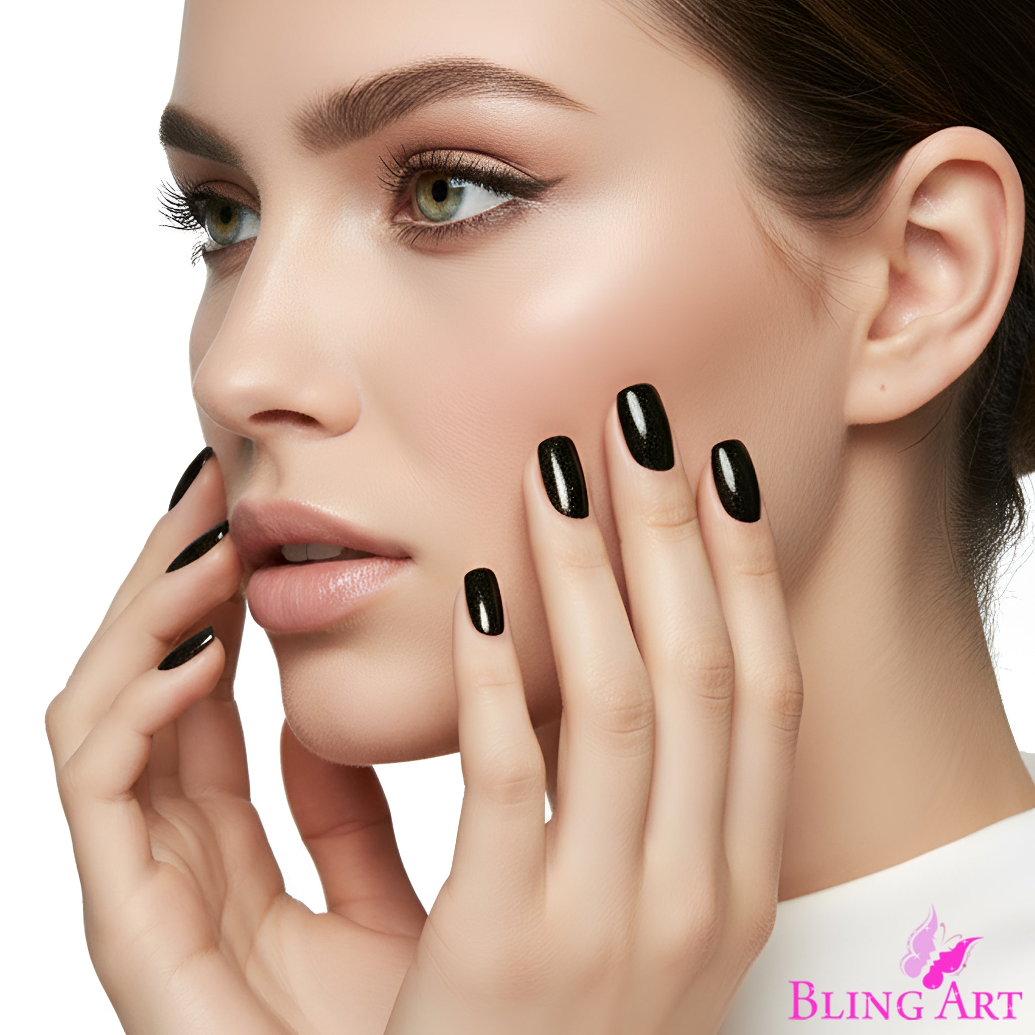 False Nails by Bling Art Brown Glitter French Squoval Fake Medium Acrylic Tips