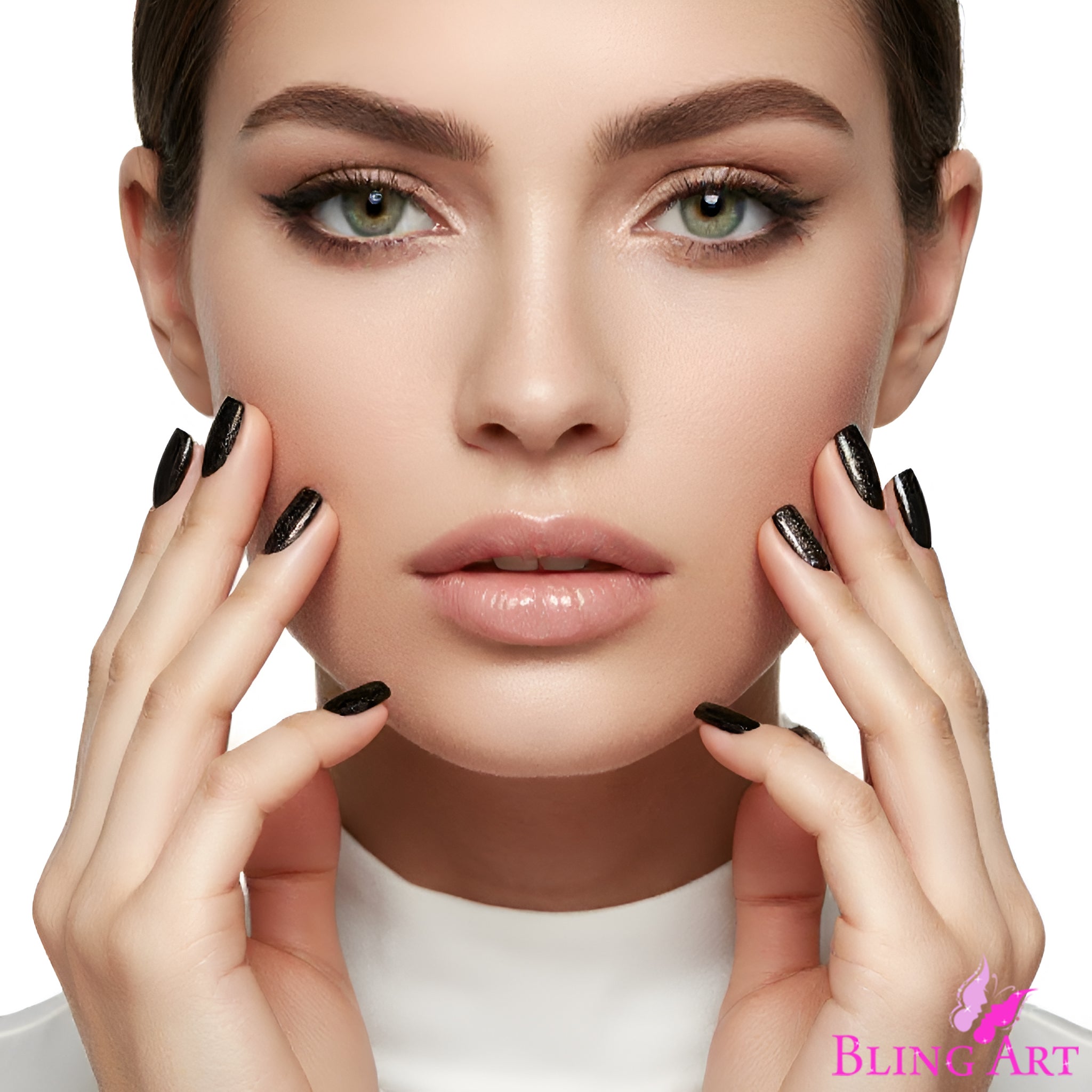 False Nails by Bling Art Brown Glitter French Squoval Fake Medium Acrylic Tips