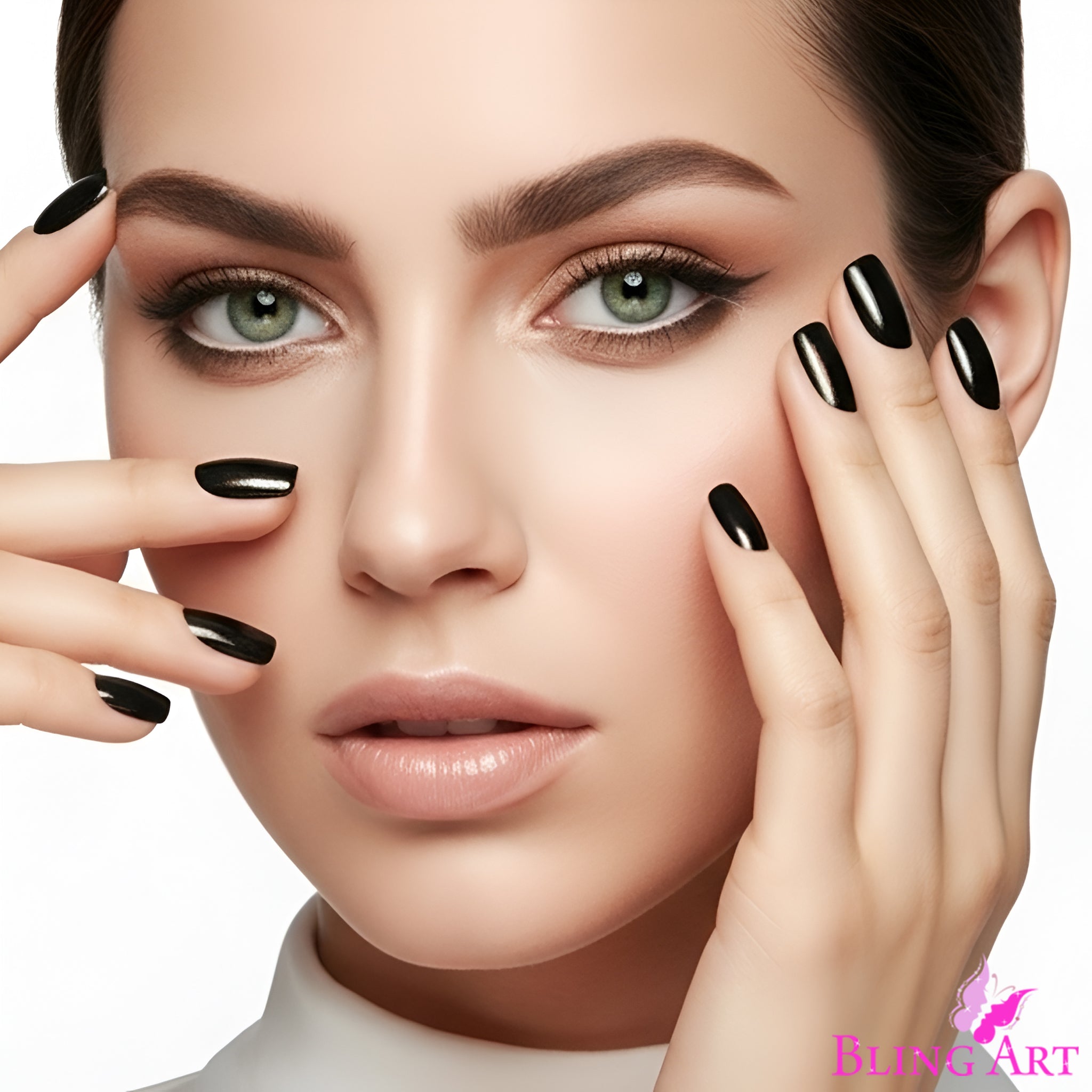 False Nails by Bling Art Brown Glitter French Squoval Fake Medium Acrylic Tips