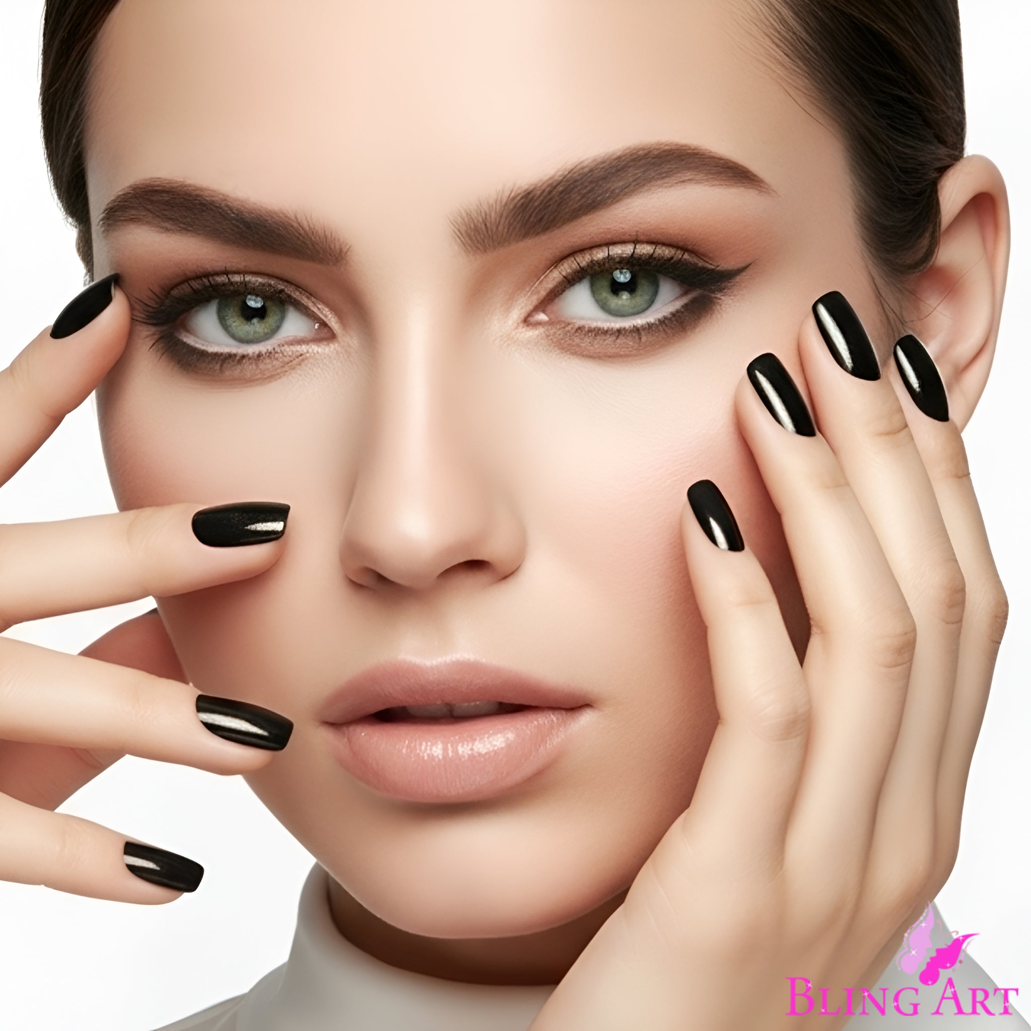 False Nails by Bling Art Brown Glitter French Squoval Fake Medium Acrylic Tips