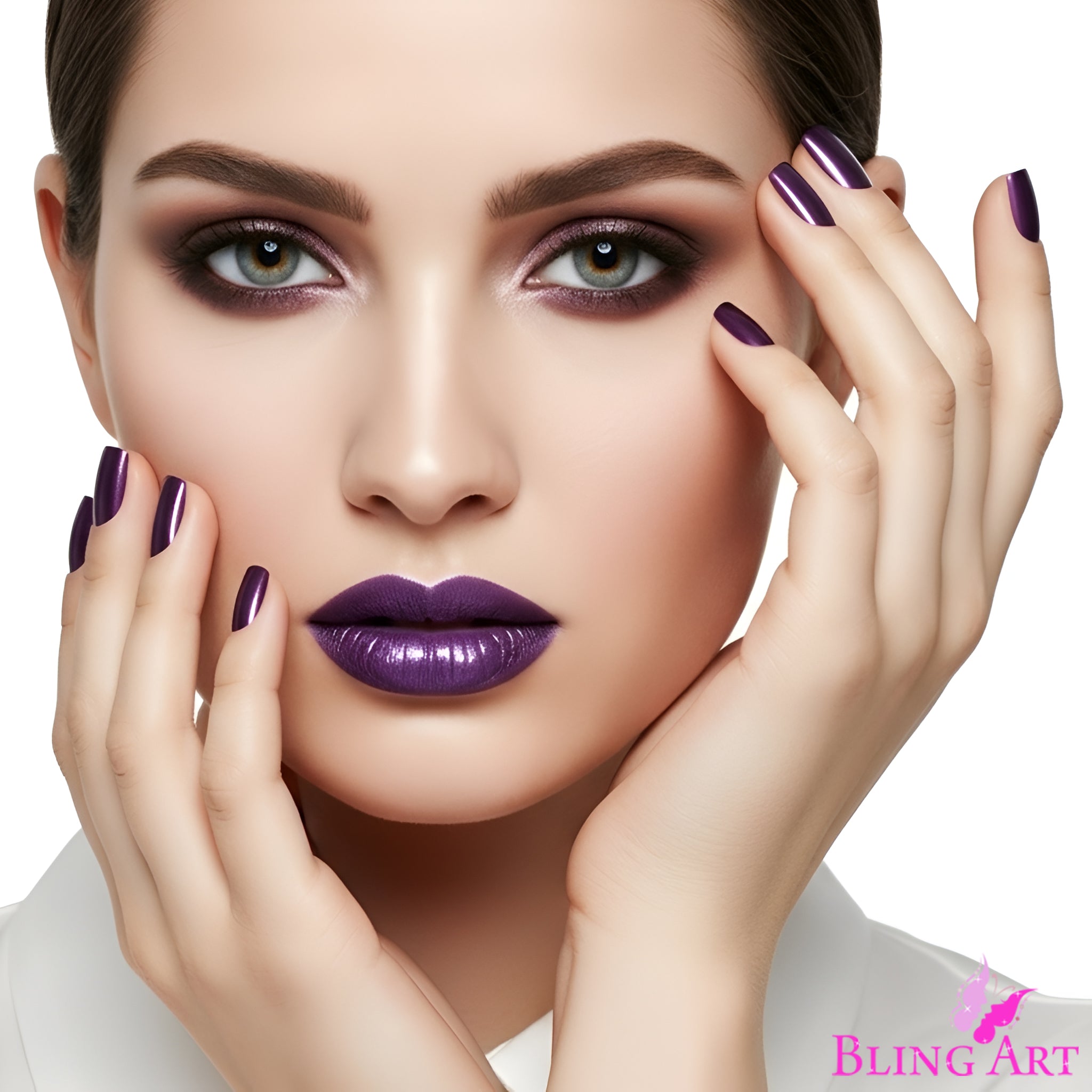 False Nails Bling Art Purple Acrylic French Manicure Fake Medium Tips with Glue