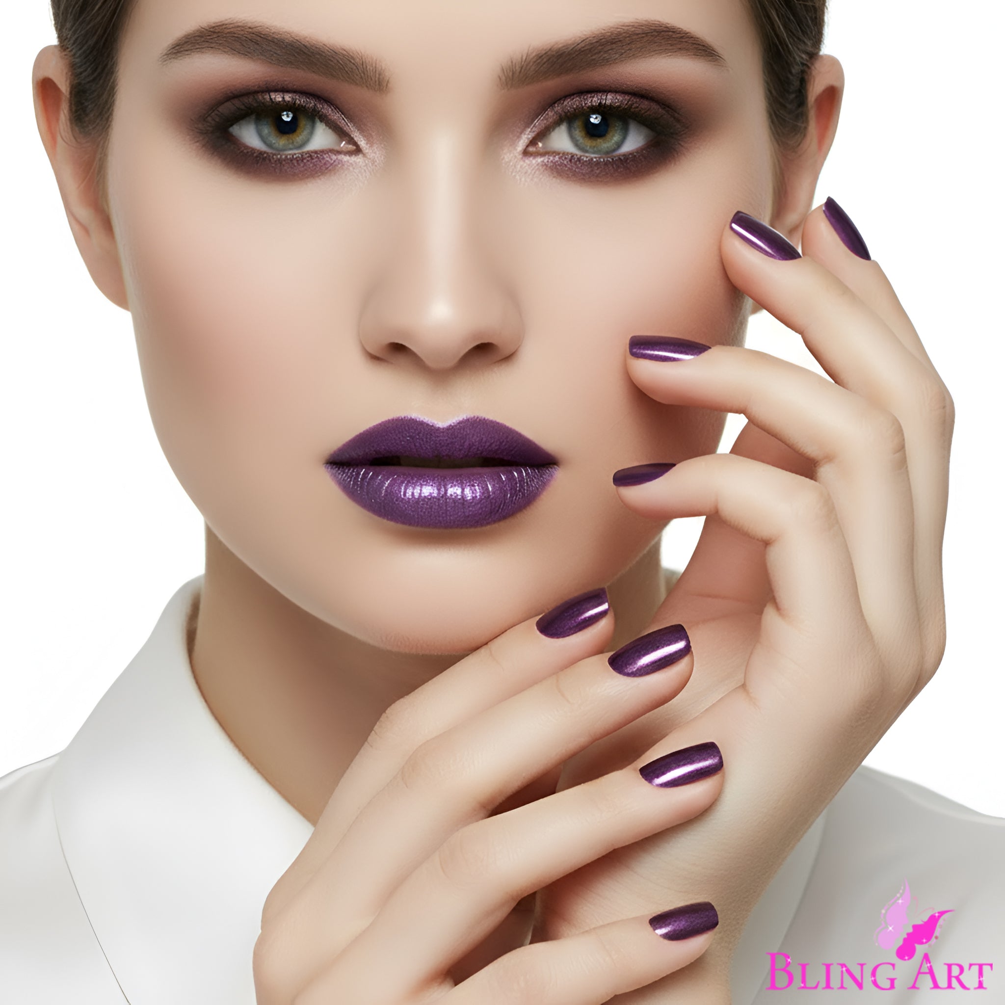 False Nails Bling Art Purple Acrylic French Manicure Fake Medium Tips with Glue