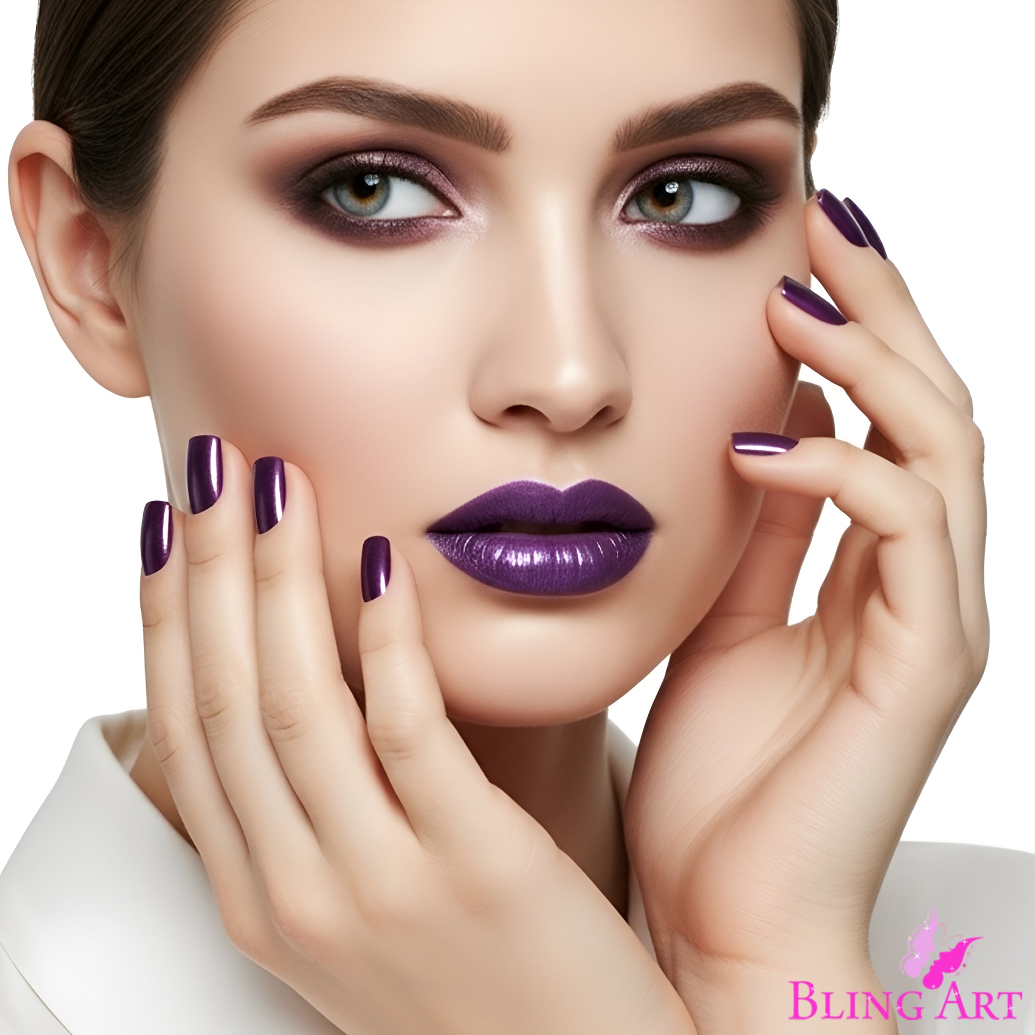 False Nails Bling Art Purple Acrylic French Manicure Fake Medium Tips with Glue