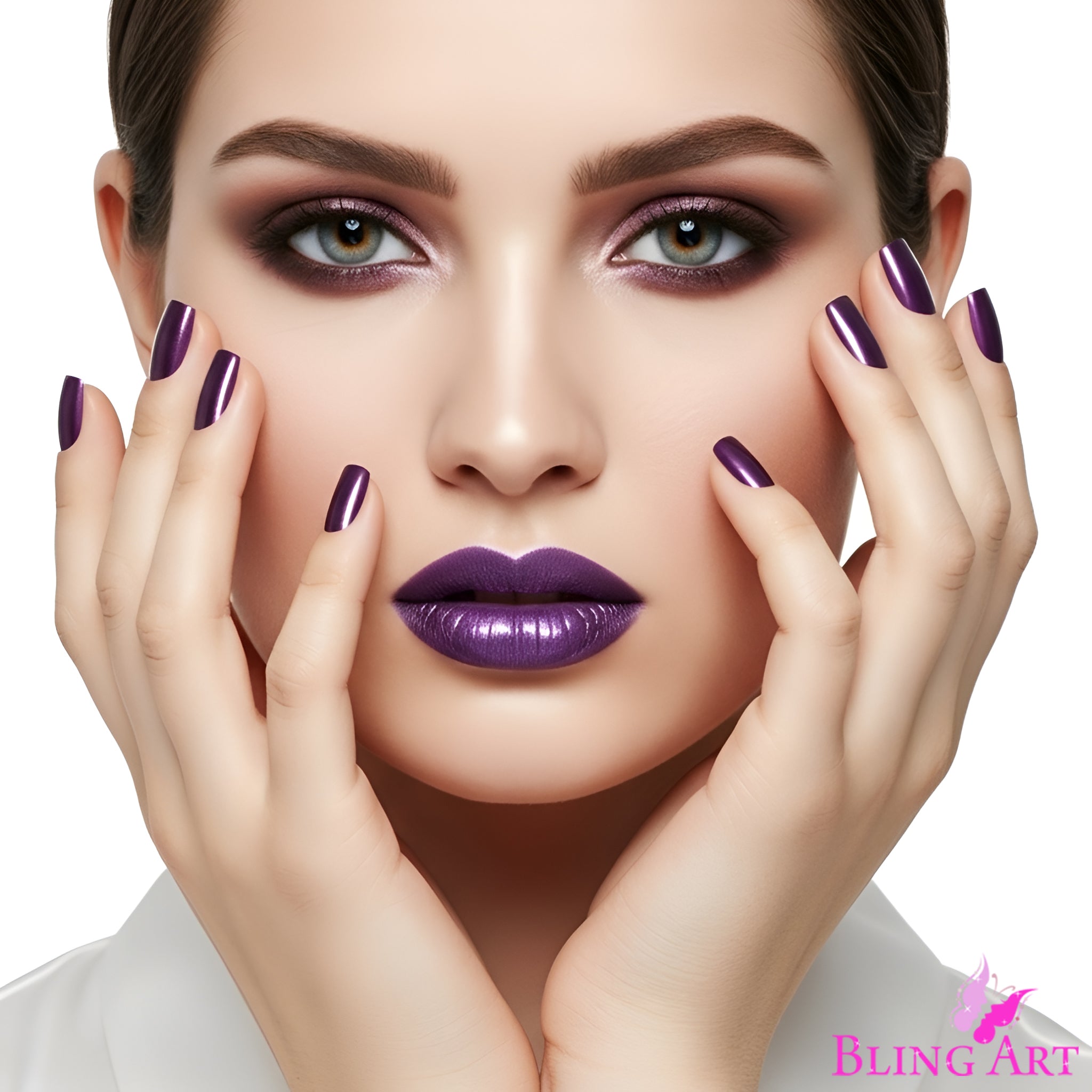 False Nails Bling Art Purple Acrylic French Manicure Fake Medium Tips with Glue