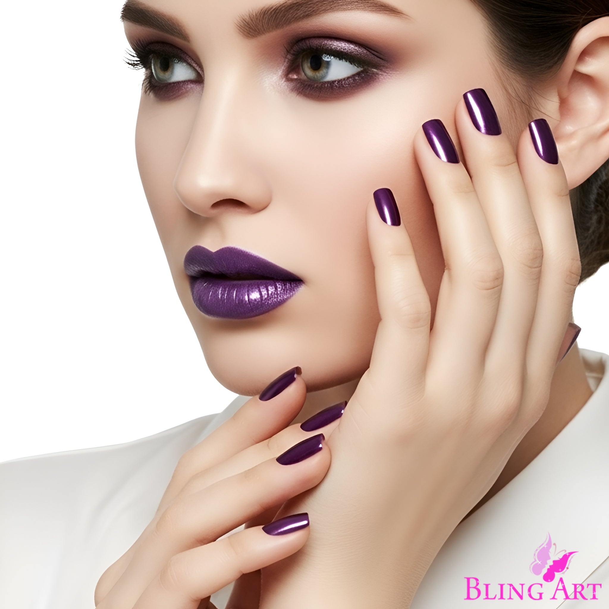 False Nails Bling Art Purple Acrylic French Manicure Fake Medium Tips with Glue