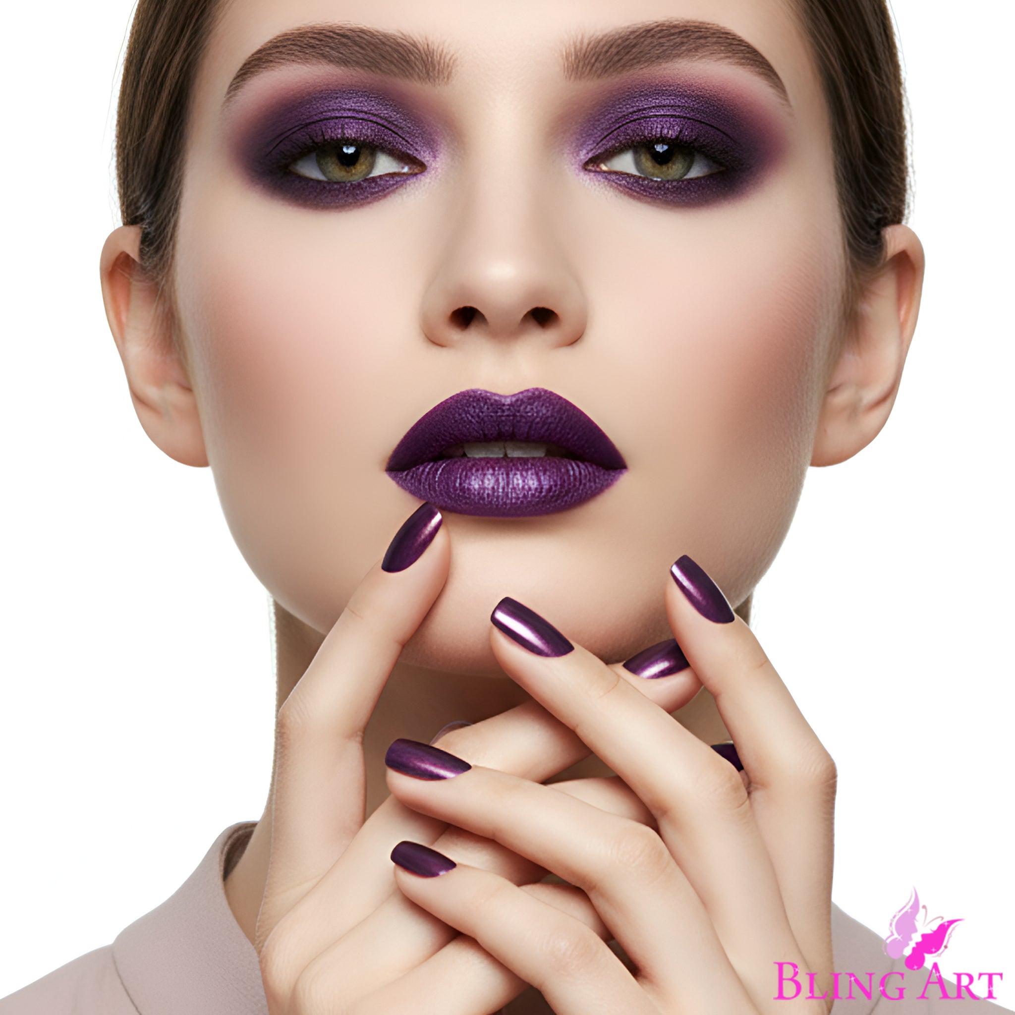 False Nails Bling Art Purple Acrylic French Manicure Fake Medium Tips with Glue