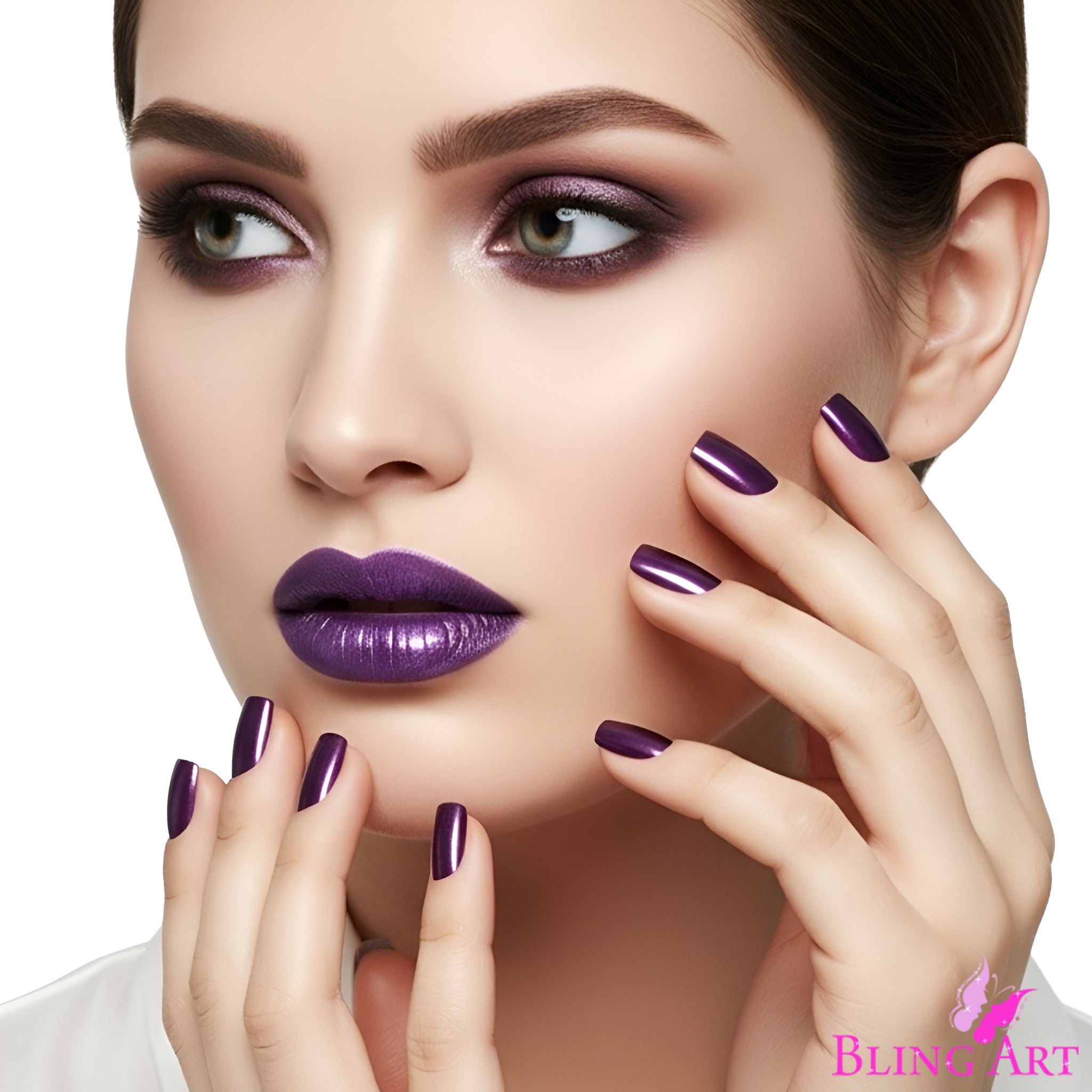 False Nails Bling Art Purple Acrylic French Manicure Fake Medium Tips with Glue