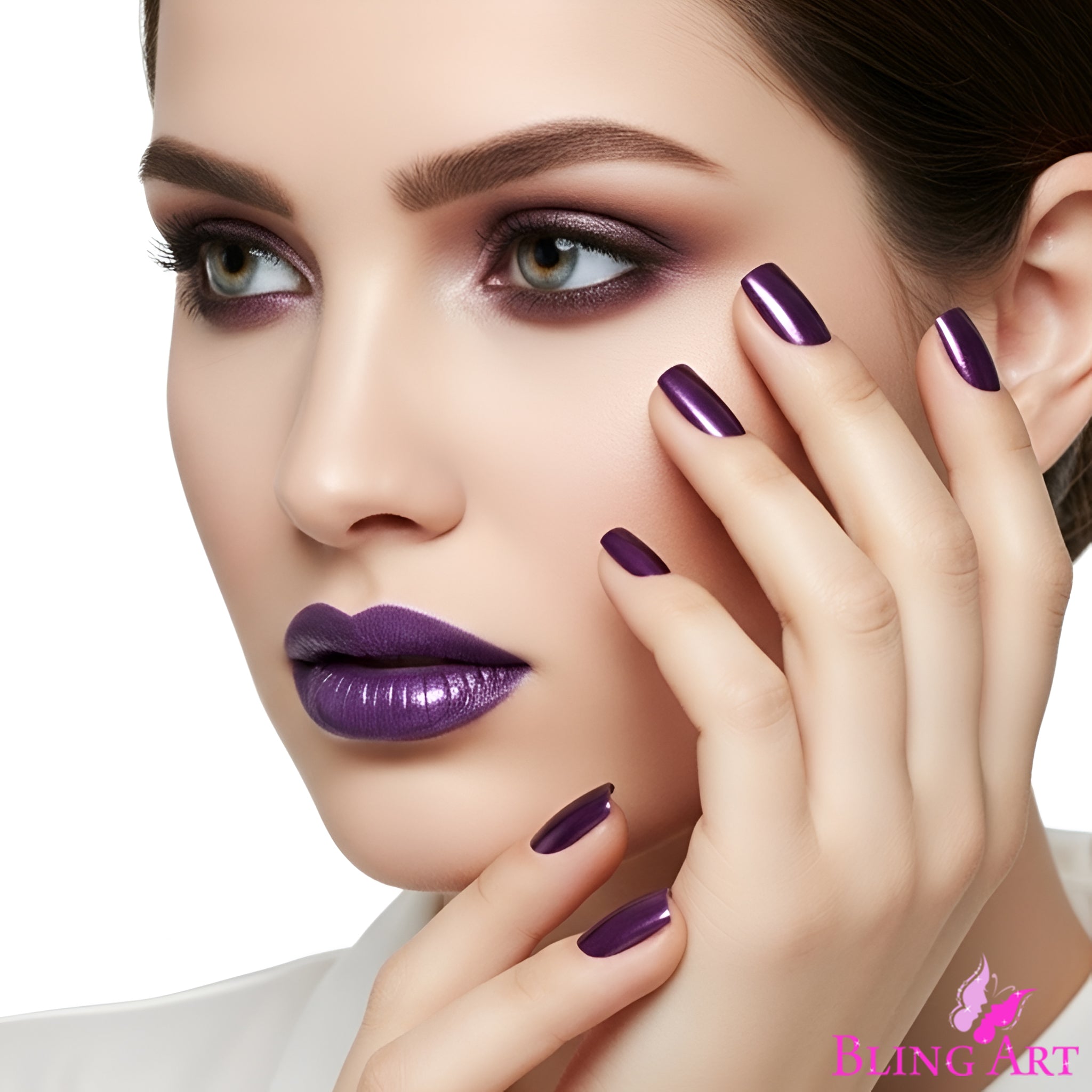 False Nails Bling Art Purple Acrylic French Manicure Fake Medium Tips with Glue