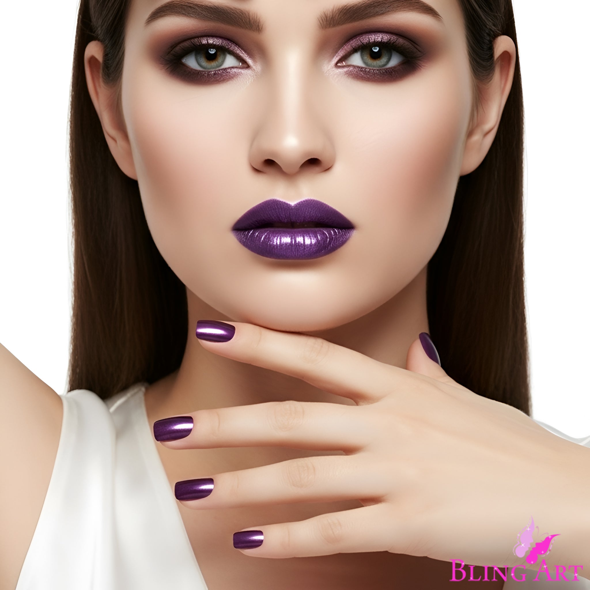 False Nails Bling Art Purple Acrylic French Manicure Fake Medium Tips with Glue