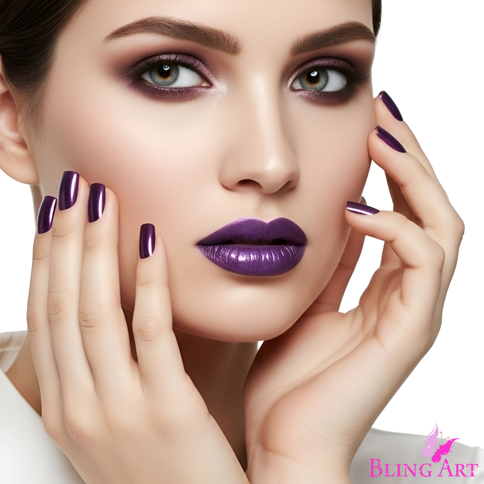 False Nails Bling Art Purple Acrylic French Manicure Fake Medium Tips with Glue