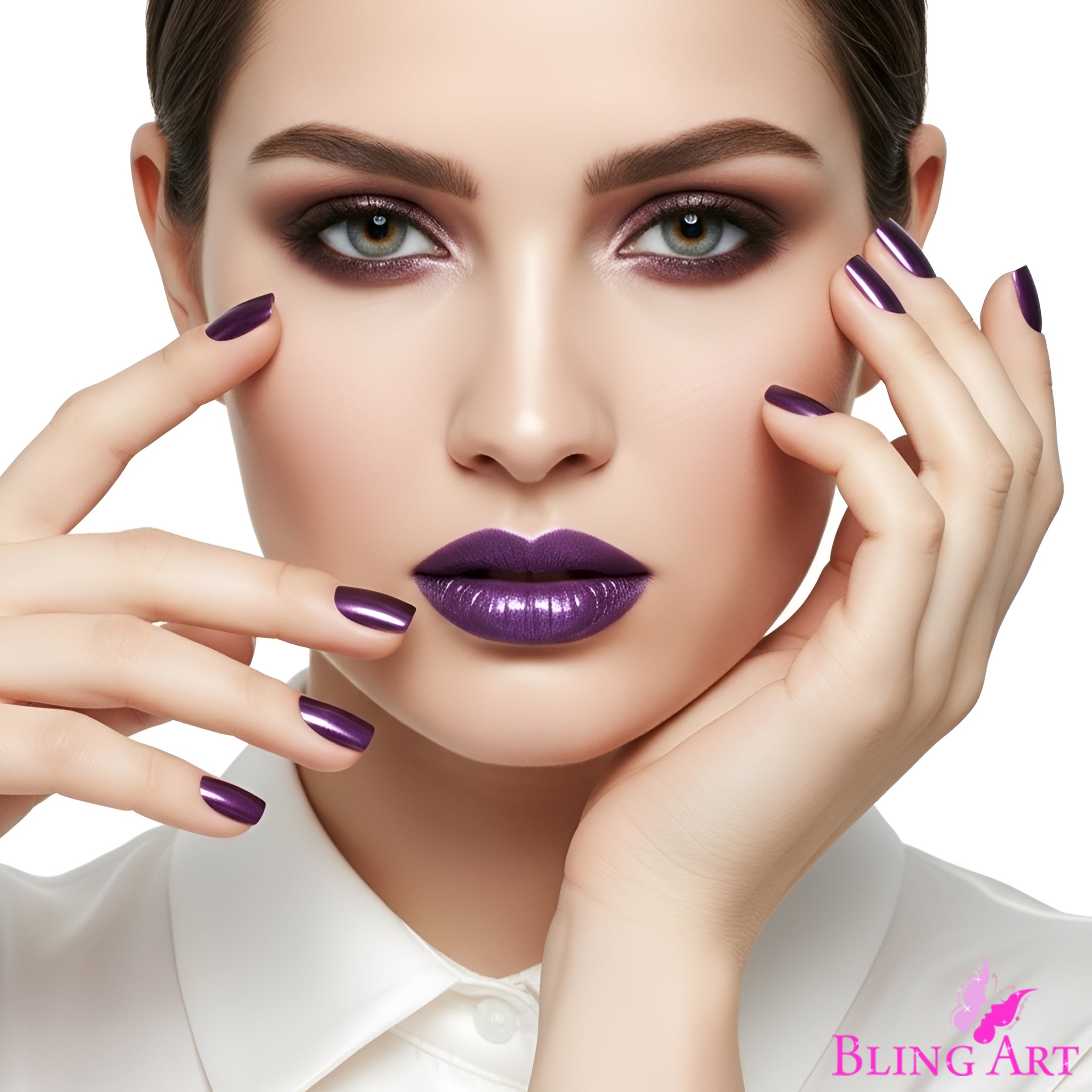 False Nails Bling Art Purple Acrylic French Manicure Fake Medium Tips with Glue