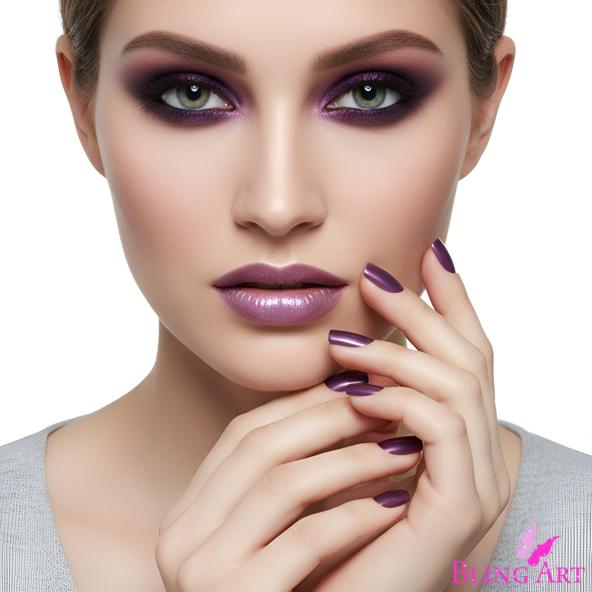 False Nails Bling Art Purple Acrylic French Manicure Fake Medium Tips with Glue