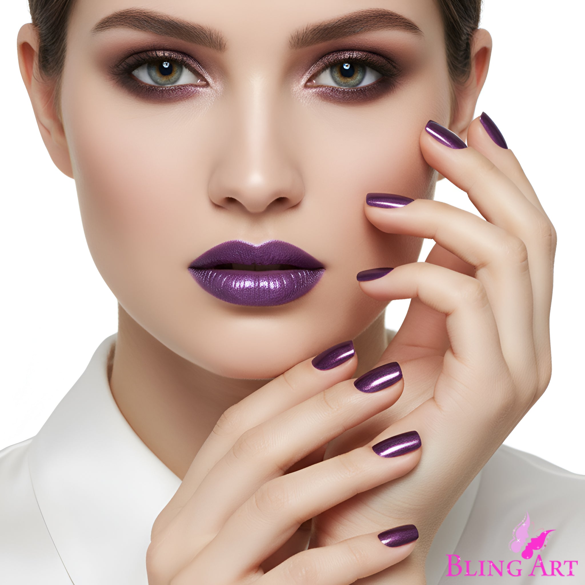 False Nails Bling Art Purple Acrylic French Manicure Fake Medium Tips with Glue