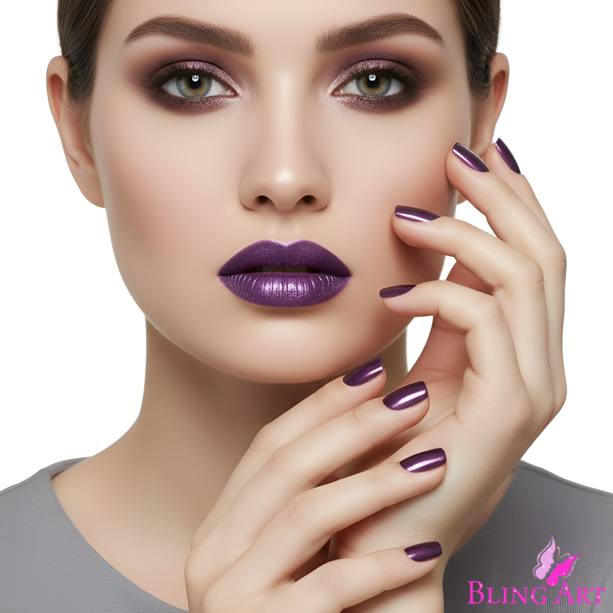 False Nails Bling Art Purple Acrylic French Manicure Fake Medium Tips with Glue