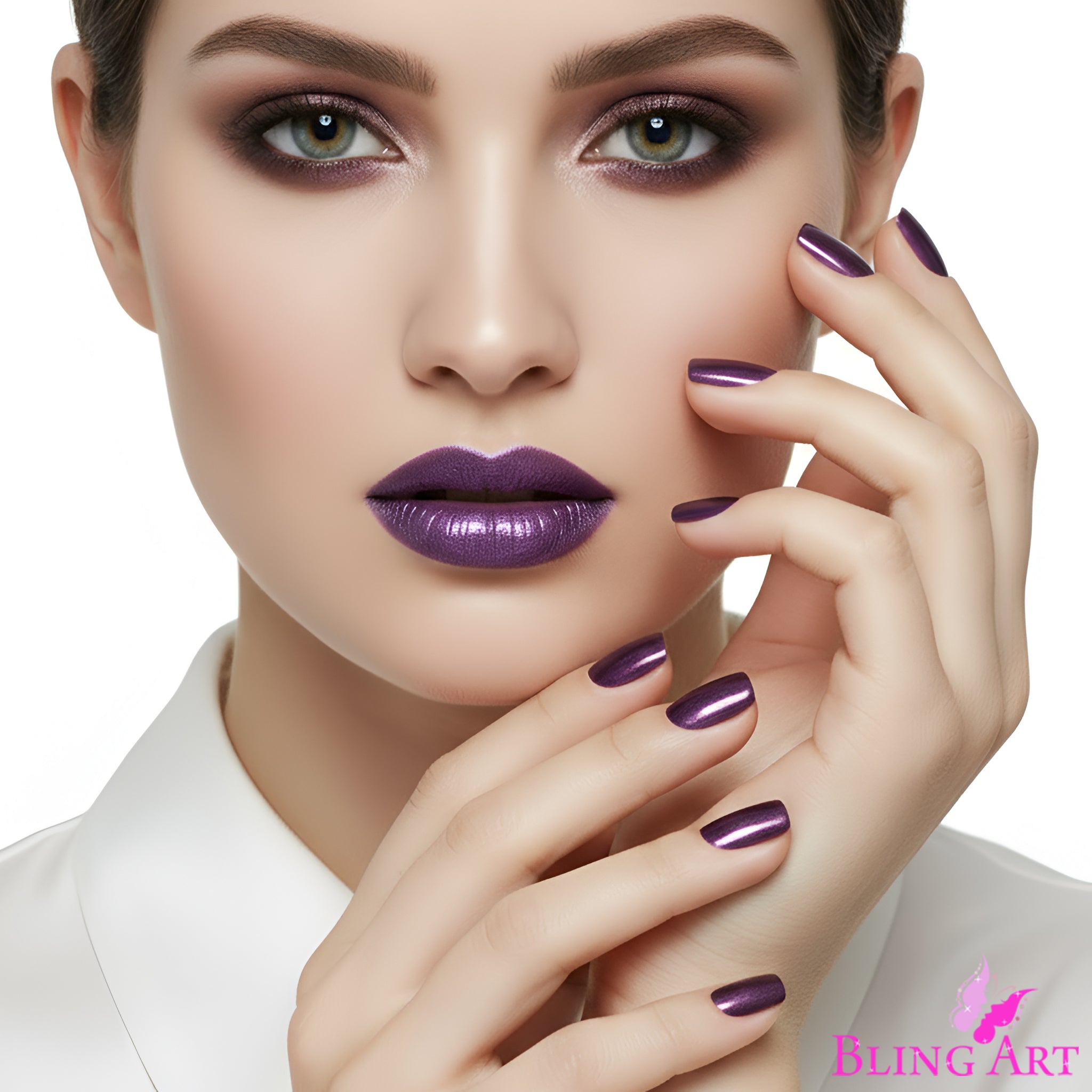 False Nails Bling Art Purple Acrylic French Manicure Fake Medium Tips with Glue