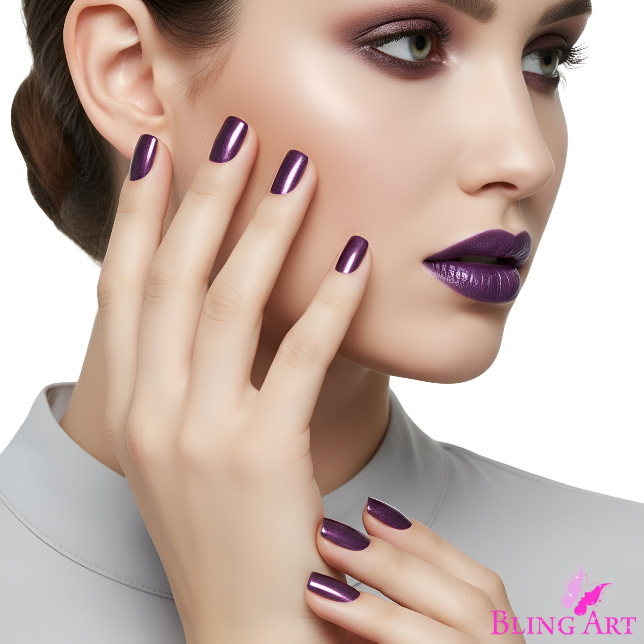 False Nails Bling Art Purple Acrylic French Manicure Fake Medium Tips with Glue