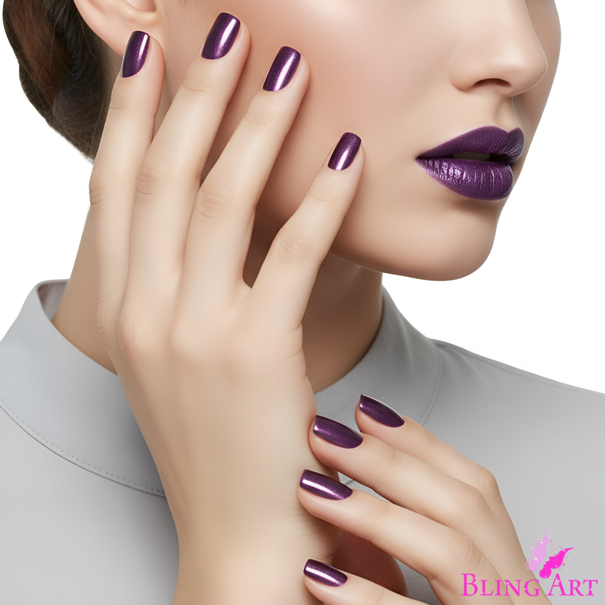 False Nails Bling Art Purple Acrylic French Manicure Fake Medium Tips with Glue