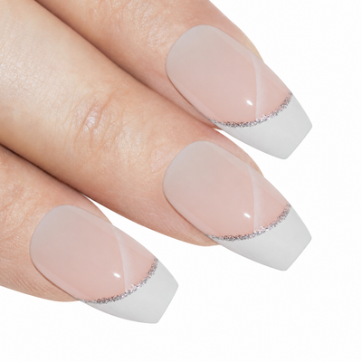 White polished ballerina coffin French press-on false nails by Bling Art — pearl-white high-shine polished French statement bridal length for weddings, photoshoots and special occasions. 24 nails, 12 sizes XS-XXL, no UV lamp. Designed in Yorkshire UK. Ballerina = Coffin (same shape).
