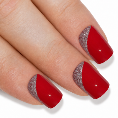 Red glitter French squoval press-on false nails by Bling Art — crimson-red sparkle French on office-friendly squoval shape for parties, evenings and Valentine's. 24 nails, 12 sizes XS-XXL, no UV lamp. Designed in Yorkshire UK.