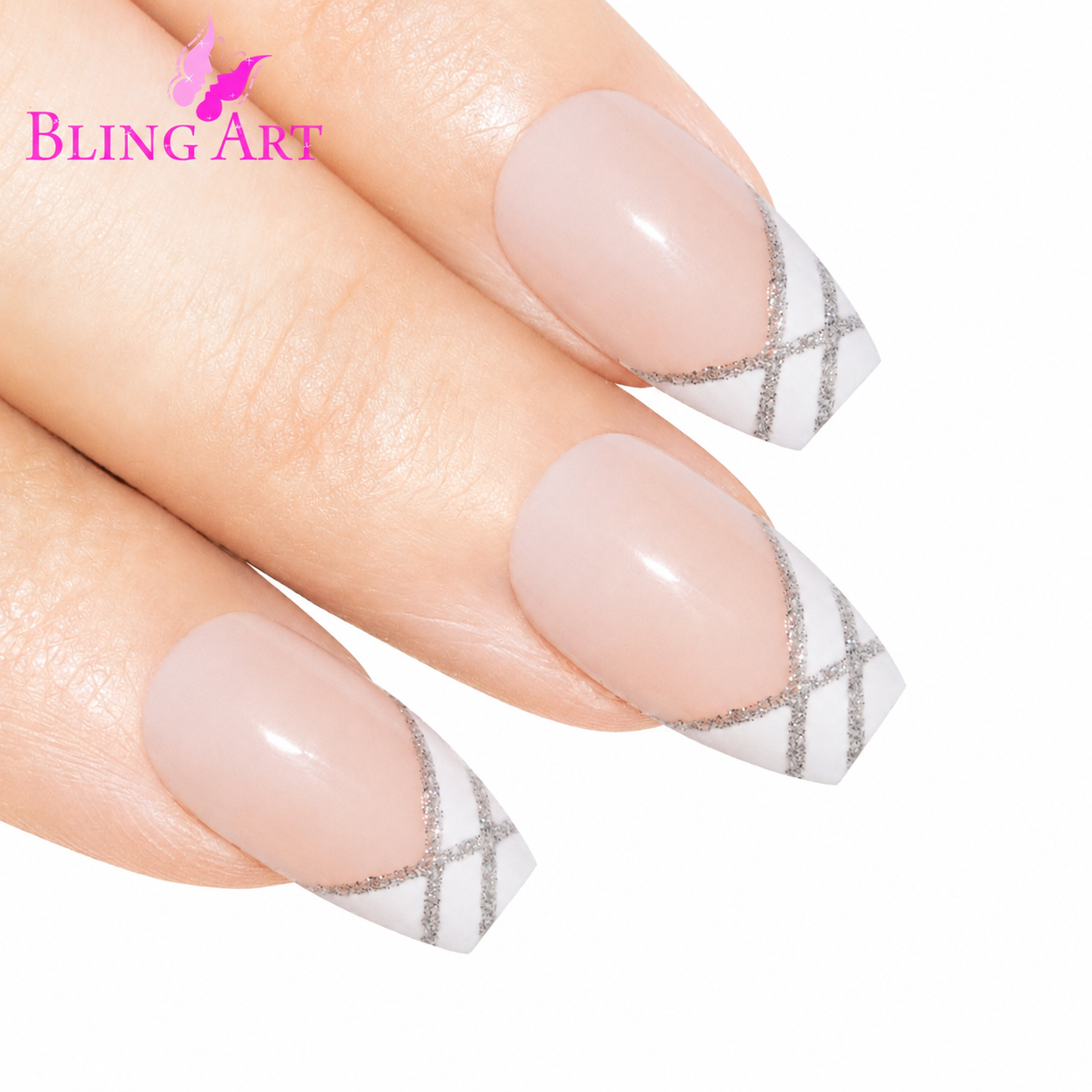 False Nails by Bling Art Silver White Glitter Ballerina Long Fake 24 Acrylic Nail Tips