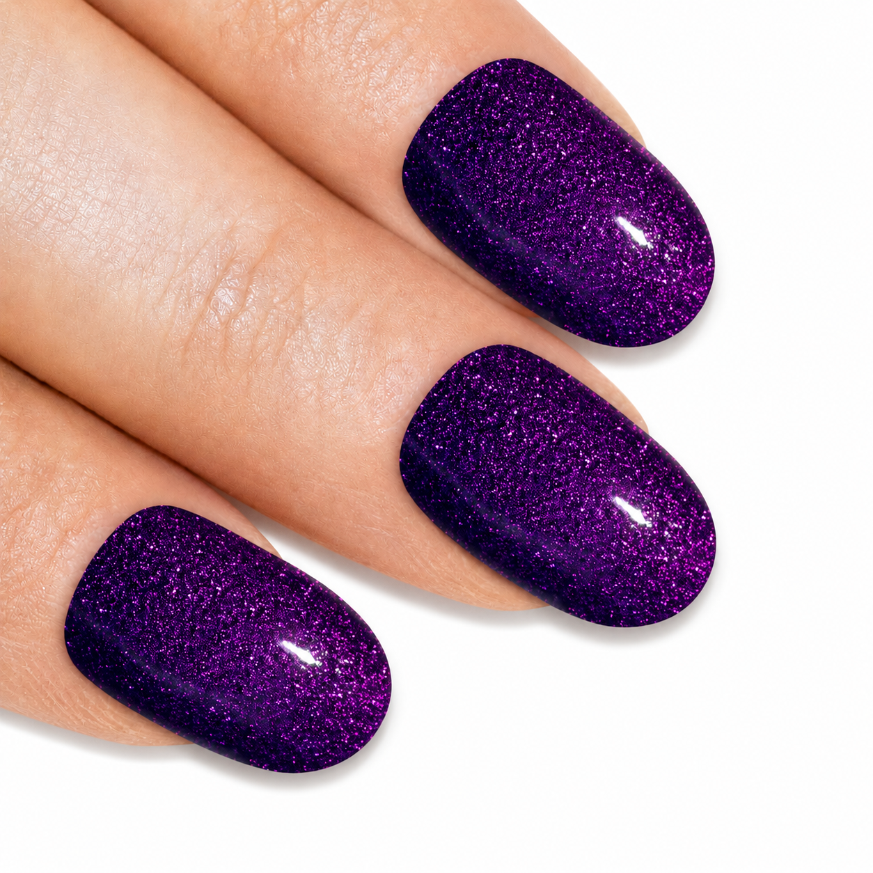 Purple gel oval press-on false nails by Bling Art — rich aubergine high-shine gel for jewel-tone evening glamour and special occasions. 24 nails, 12 sizes XS-XXL, no UV lamp. Designed in Yorkshire UK.