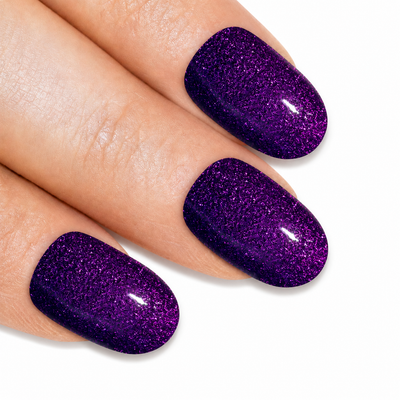 Purple gel oval press-on false nails by Bling Art — rich aubergine high-shine gel for jewel-tone evening glamour and special occasions. 24 nails, 12 sizes XS-XXL, no UV lamp. Designed in Yorkshire UK.