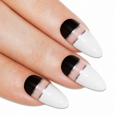 Two-tone jet black and pearl white glossy almond stiletto long press-on false nails by Bling Art — high-contrast monochrome statement for parties and editorial events · high-shine glossy finish · long almond stiletto tips · 24 nails per set with adhesive · designed in Yorkshire