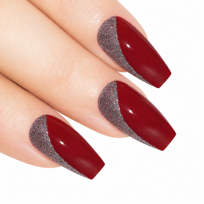 Red glitter ballerina coffin long press-on false nails by Bling Art — crimson sparkle for date nights, parties and Valentine's. 24 nails, 12 sizes XS-XXL, no UV lamp. Designed in Yorkshire UK. Ballerina = Coffin (same shape).