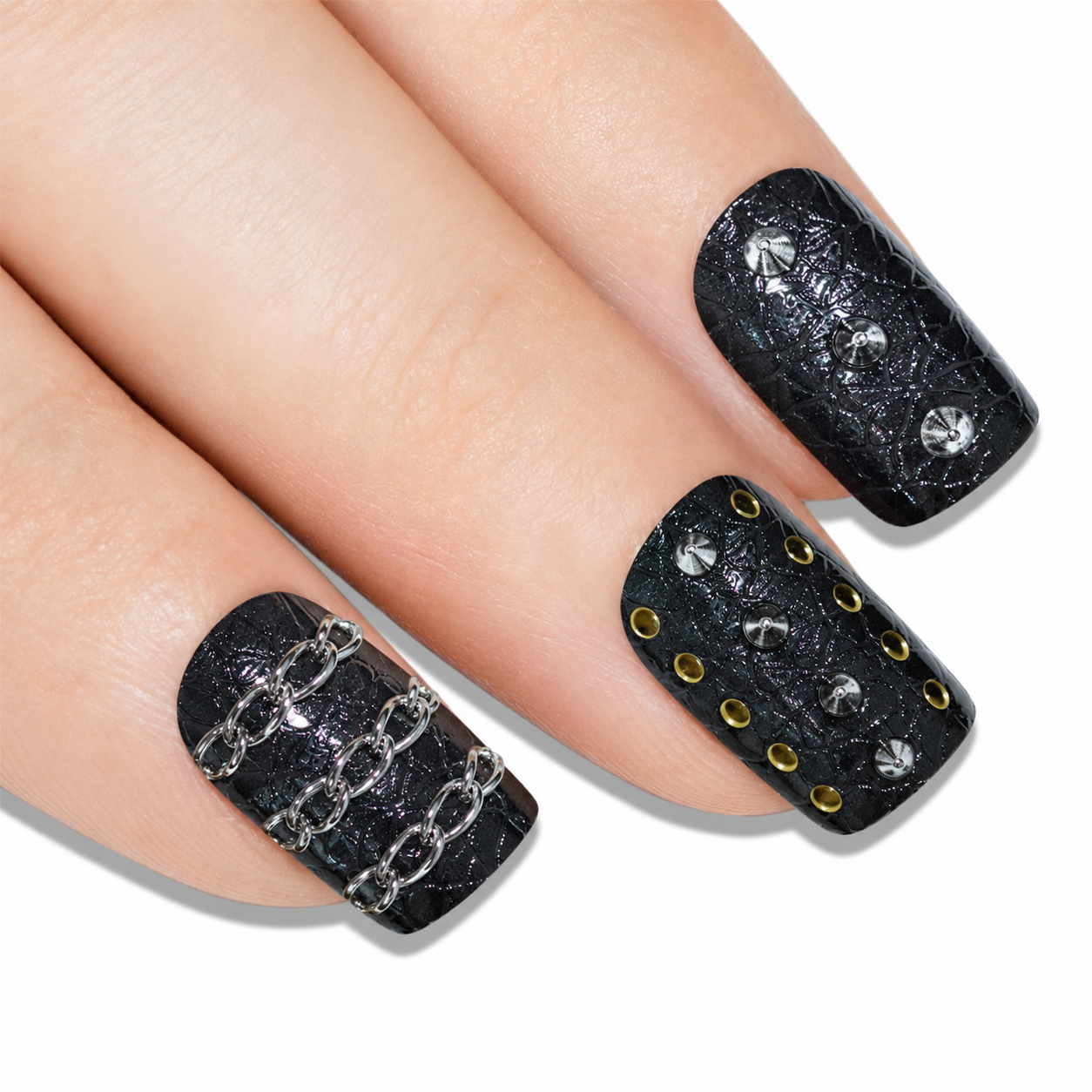 Black Punk French squoval Bling Art press-on nails — worn-hand close-up showing the edgy black punk-style French tip on squoval tips.