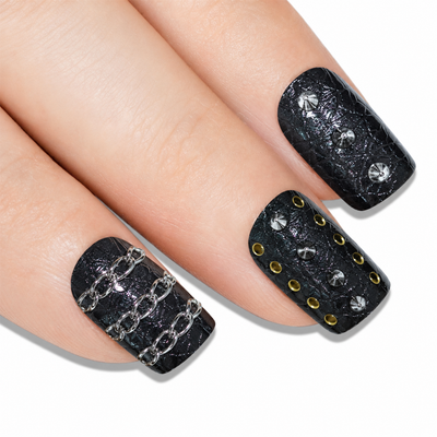 Black Punk French squoval Bling Art press-on nails — worn-hand close-up showing the edgy black punk-style French tip on squoval tips.