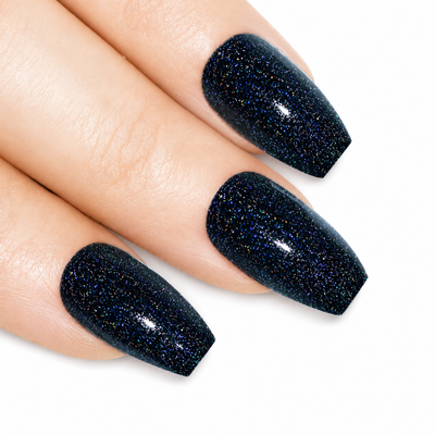 Black gel ballerina coffin long press-on false nails by Bling Art — deep jet-black high-shine gel for evening wear and editorial styling. 24 nails, 12 sizes XS-XXL, no UV lamp. Designed in Yorkshire UK. Ballerina = Coffin (same shape).