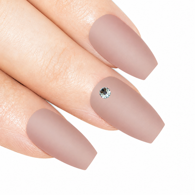 Beige matte ballerina coffin long press-on false nails by Bling Art — warm beige velvet matte for understated office and everyday elegance. 24 nails, 12 sizes XS-XXL, no UV lamp. Designed in Yorkshire UK. Ballerina = Coffin (same shape).