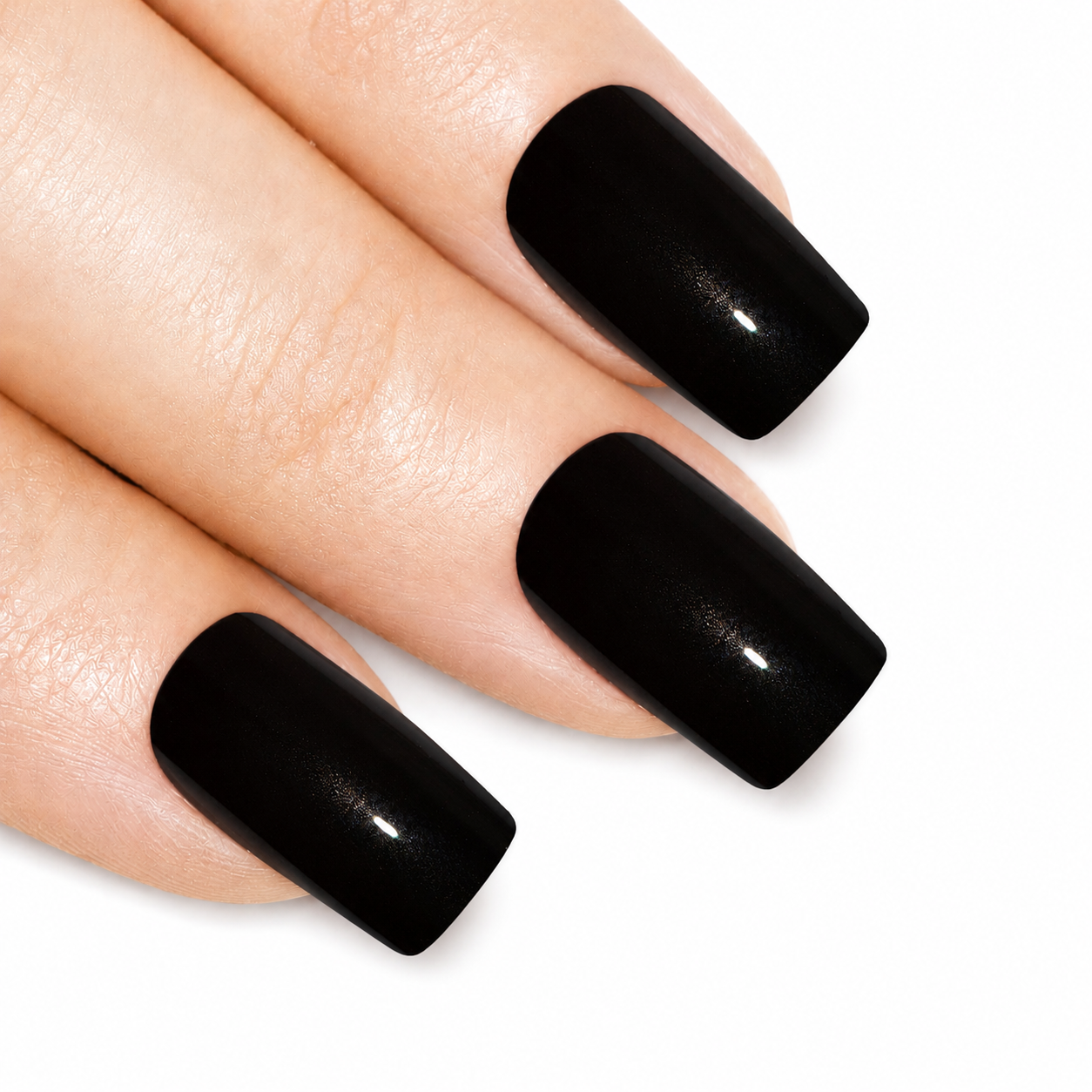 Black glitter French squoval Bling Art press-on nails — worn-hand close-up showing the jet-black sparkle French on squoval tips.
