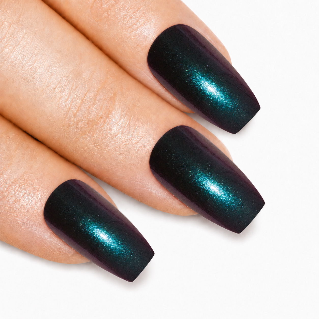 Green Purple chameleon ballerina coffin Bling Art press-on nails — worn-hand close-up showing the colour-shifting green-to-purple effect on long ballerina coffin tips. Ballerina = Coffin (same shape).