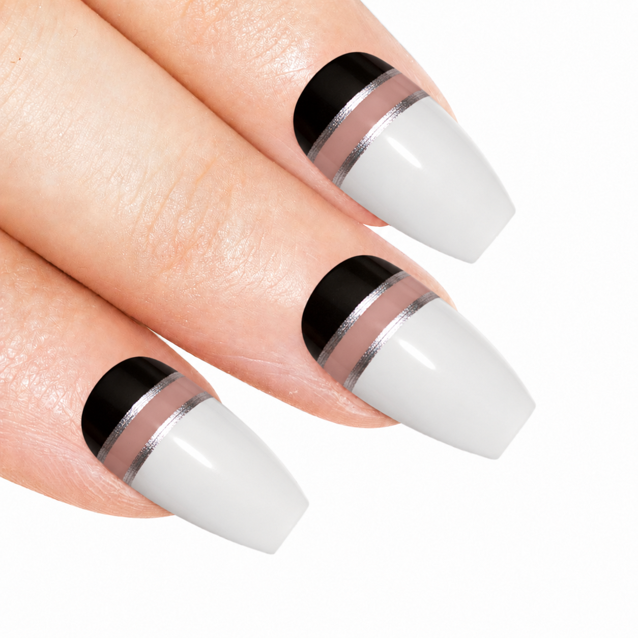 Black White glossy ballerina coffin long press-on false nails by Bling Art — two-tone jet-black and pearl-white high-shine for parties, editorial events and trend-led looks. 24 nails, 12 sizes XS-XXL, no UV lamp. Designed in Yorkshire UK. Ballerina = Coffin (same shape).