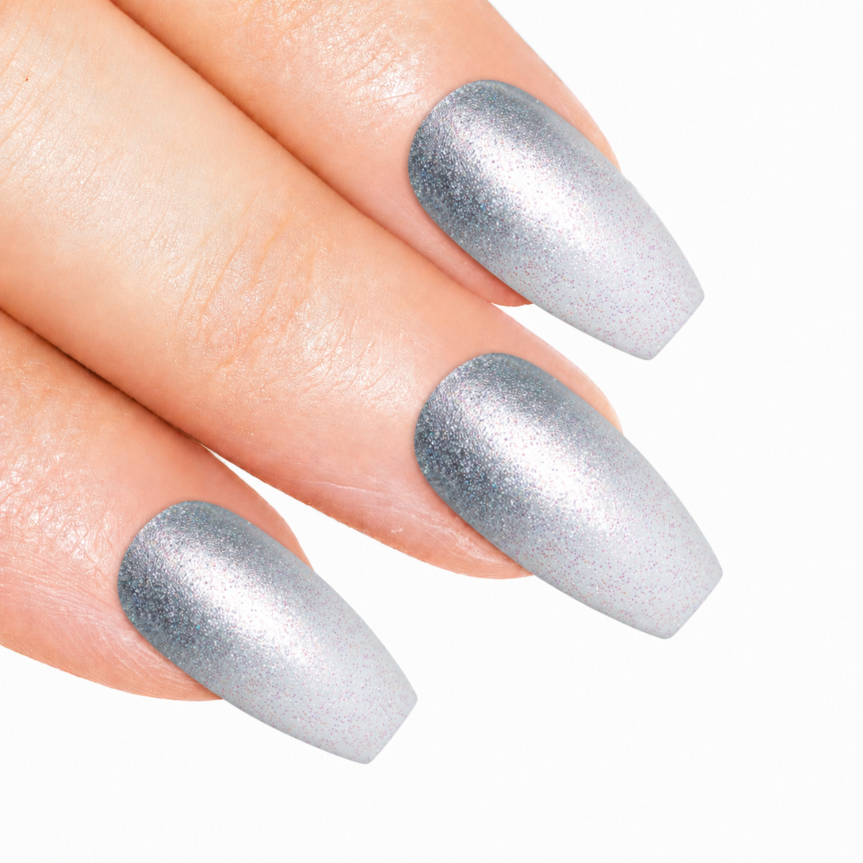 Silver gel ombre ballerina coffin long press-on false nails by Bling Art — chrome silver gradient gel ombre for parties, Christmas and editorial events. 24 nails, 12 sizes XS-XXL, no UV lamp. Designed in Yorkshire UK. Ballerina = Coffin (same shape).