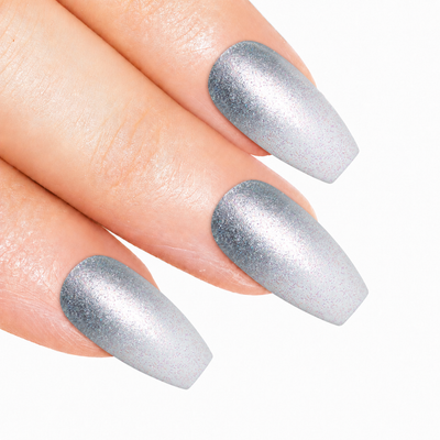 Silver gel ombre ballerina coffin long press-on false nails by Bling Art — chrome silver gradient gel ombre for parties, Christmas and editorial events. 24 nails, 12 sizes XS-XXL, no UV lamp. Designed in Yorkshire UK. Ballerina = Coffin (same shape).