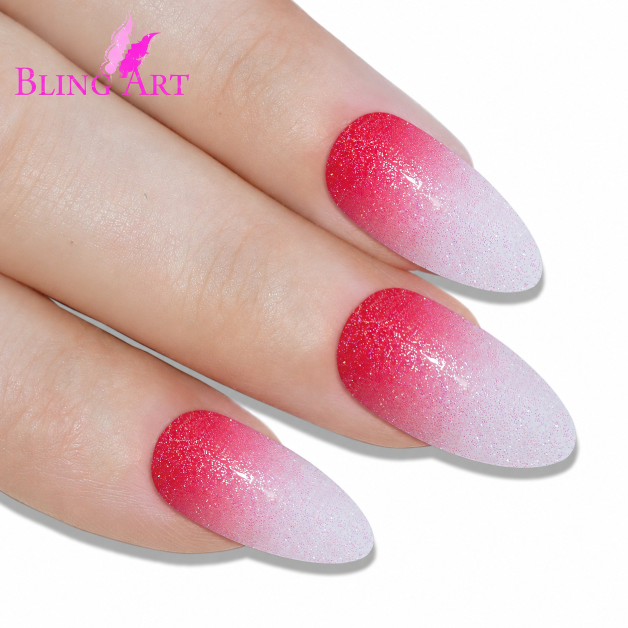 Red gel ombre almond stiletto long press-on false nails by Bling Art — crimson gradient gel ombre for bold romantic date nights, Valentine's and party wear. 24 nails, 12 sizes XS-XXL, no UV lamp. Designed in Yorkshire UK. Almond = Stiletto (same shape).