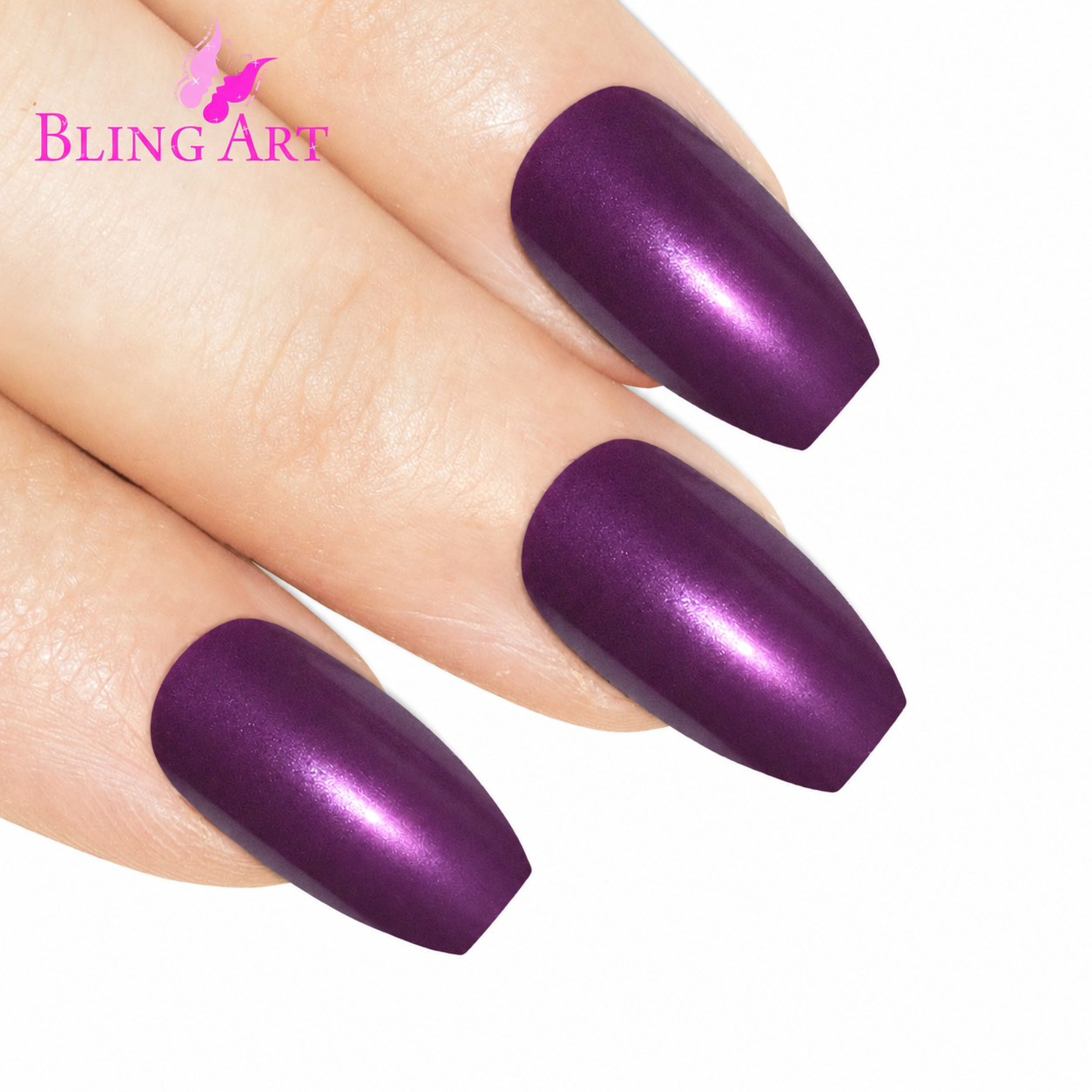 Purple glitter ballerina coffin Bling Art press-on nails — worn-hand close-up showing the aubergine sparkle on long ballerina coffin tips. Ballerina = Coffin (same shape).